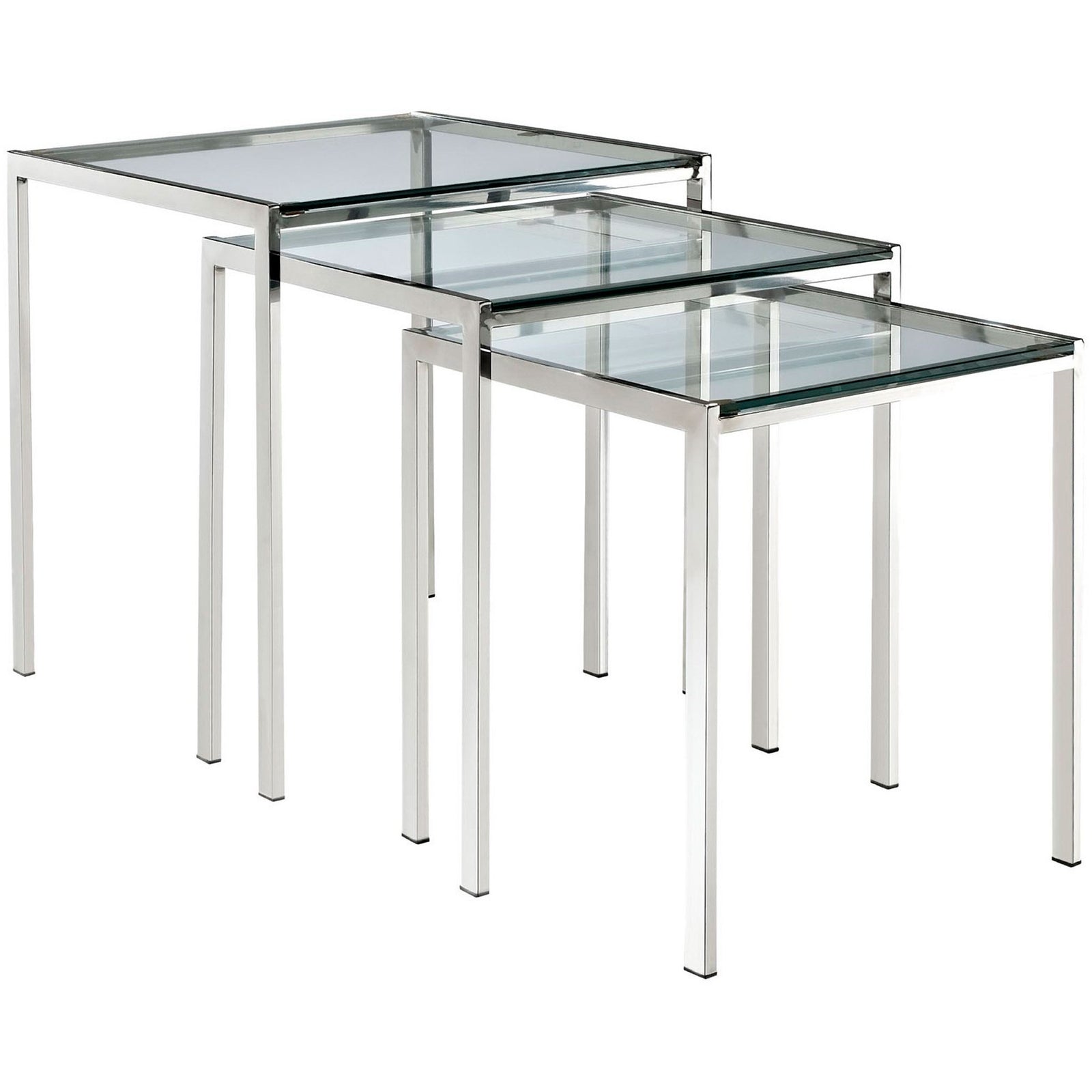 Three silver nesting tables arranged individually to highlight their staggered heights and airy glass tops. || EEI-257 || front_angle_studio