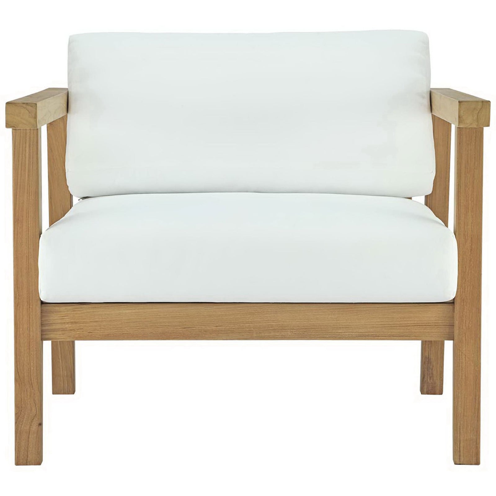 Boxy teak patio armchair with crisp white seat and back cushions for modern outdoor seating || EEI-2695-NAT-WHI || front_studio