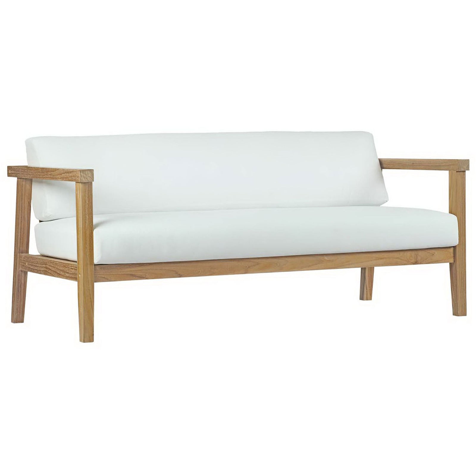Teak outdoor sofa with slim arms and plush white cushions for spacious patio seating || EEI-2696-NAT-WHI || front_angle_studio