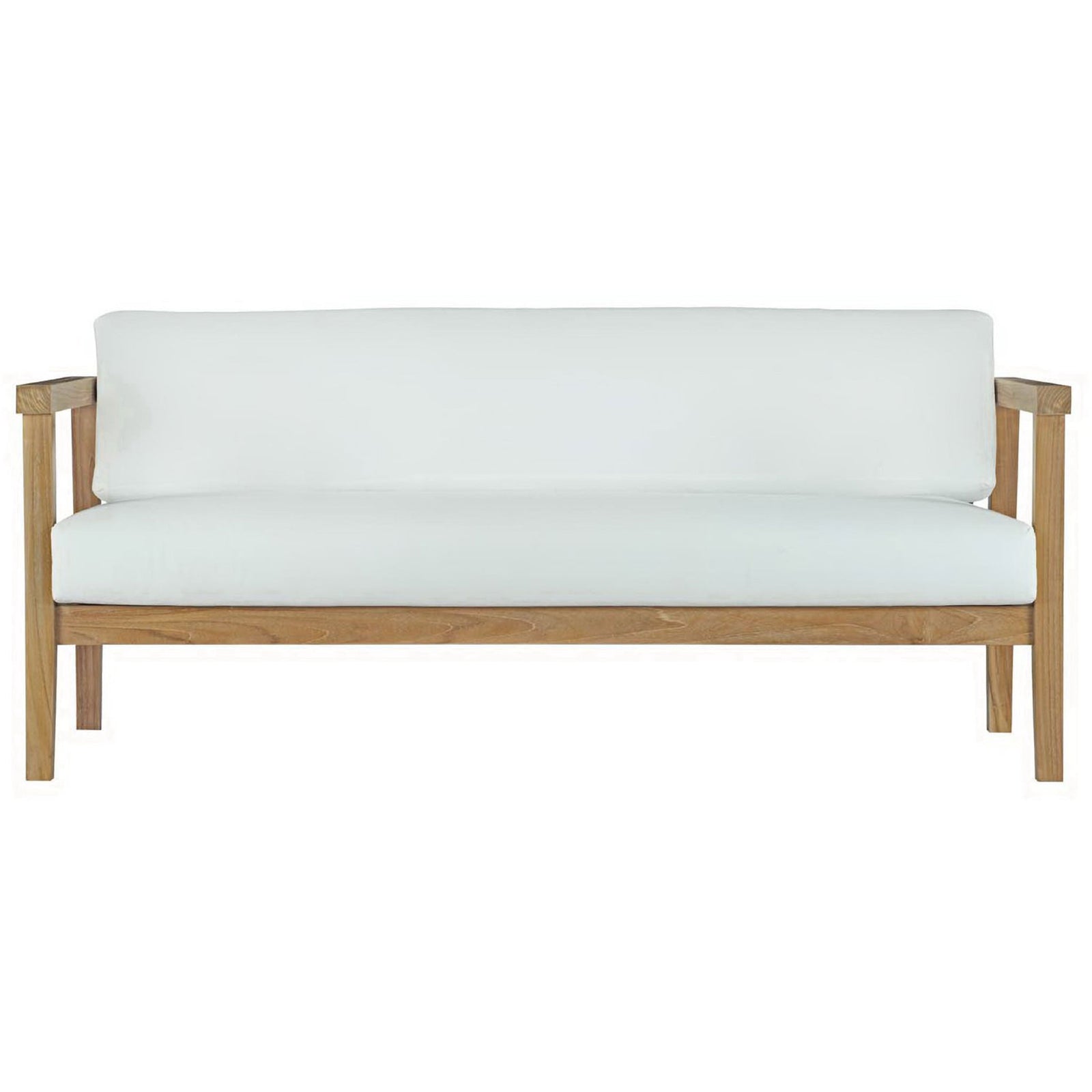 Bayport teak patio sofa with long white bench cushion and matching back cushions on a sturdy wood frame || EEI-2696-NAT-WHI || front_studio
