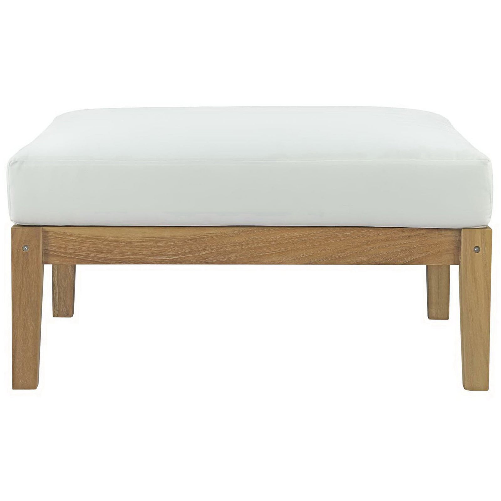 Teak outdoor ottoman with natural wood frame and thick white cushion for modern patios || EEI-2698-NAT-WHI || front_studio