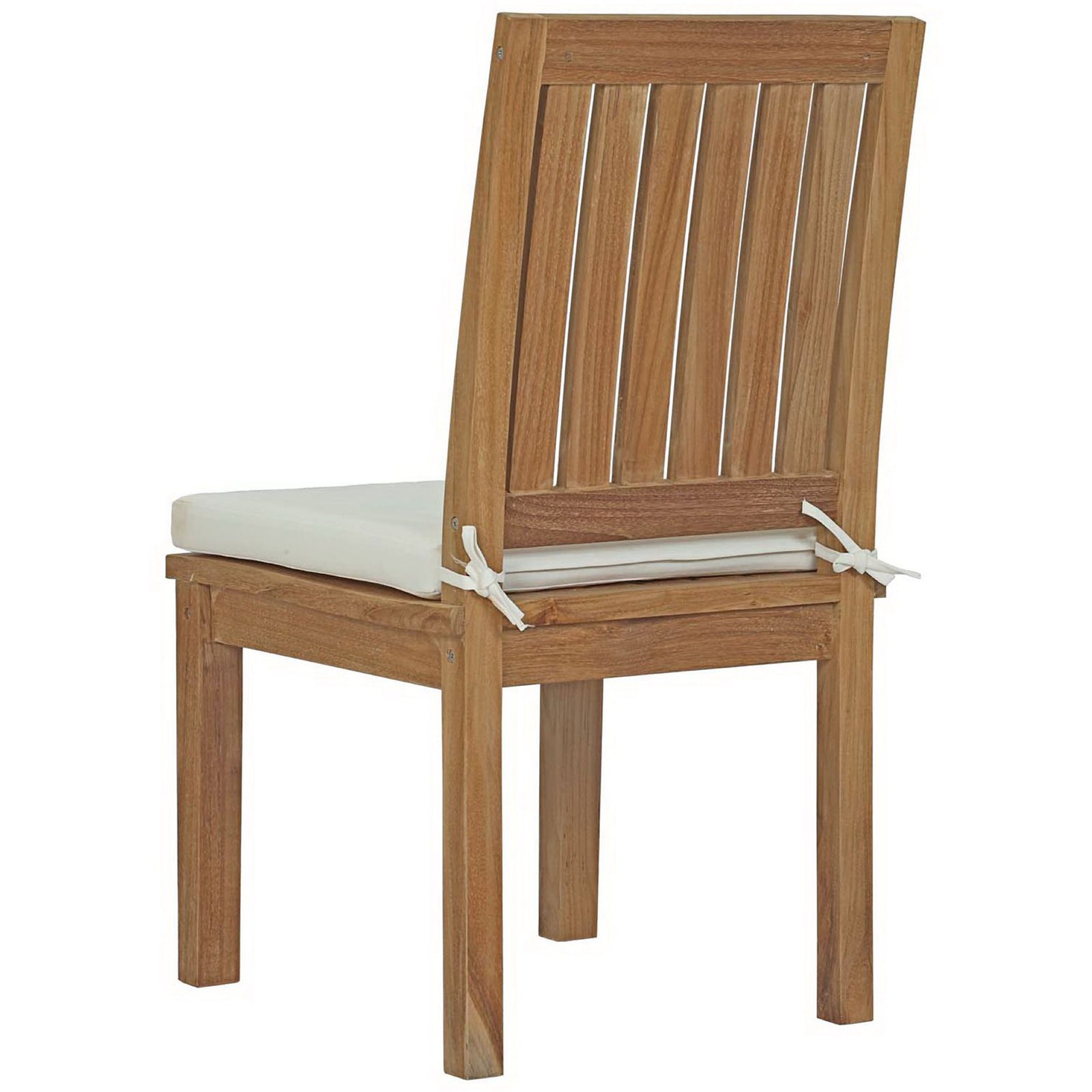 Outdoor teak side chair showcasing vertical back slats and secure cushion ties || EEI-2700-NAT-WHI || back_angle_studio