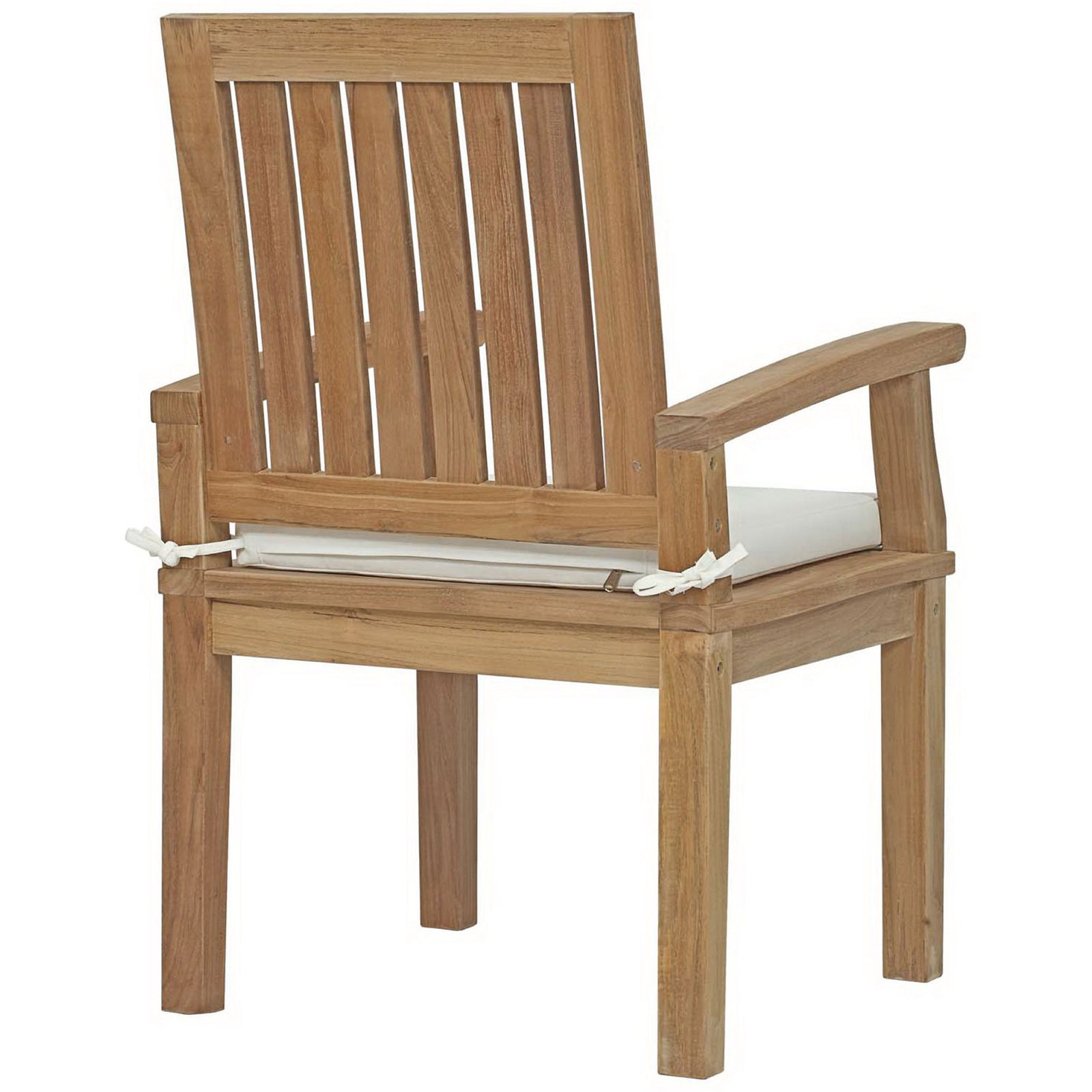 Durable teak outdoor armchair featuring closely spaced vertical back slats and tied white cushion || EEI-2701-NAT-WHI || back_angle_studio