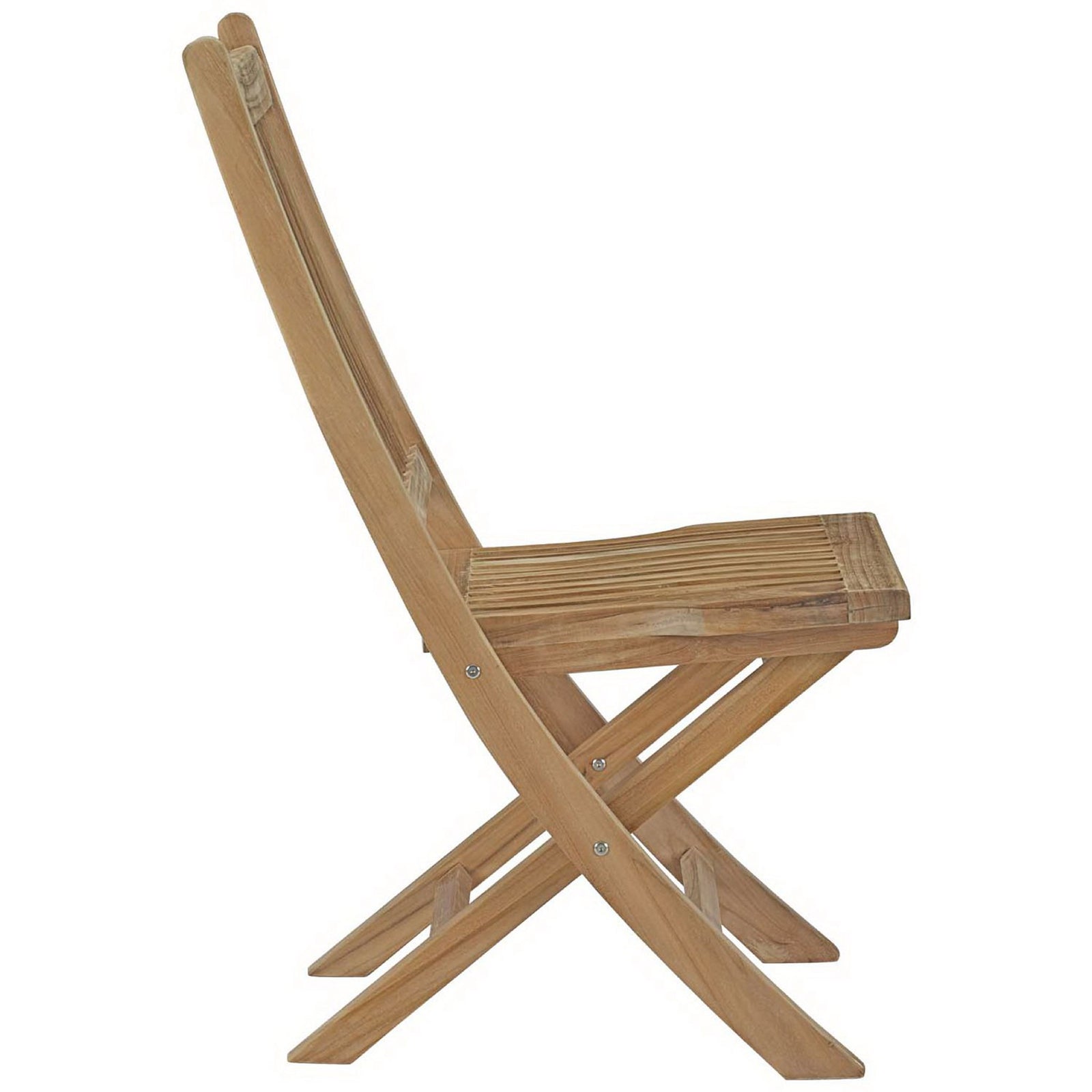Slim teak folding side chair with gently curved backrest and space-saving X-leg base || EEI-2702-NAT || side_studio