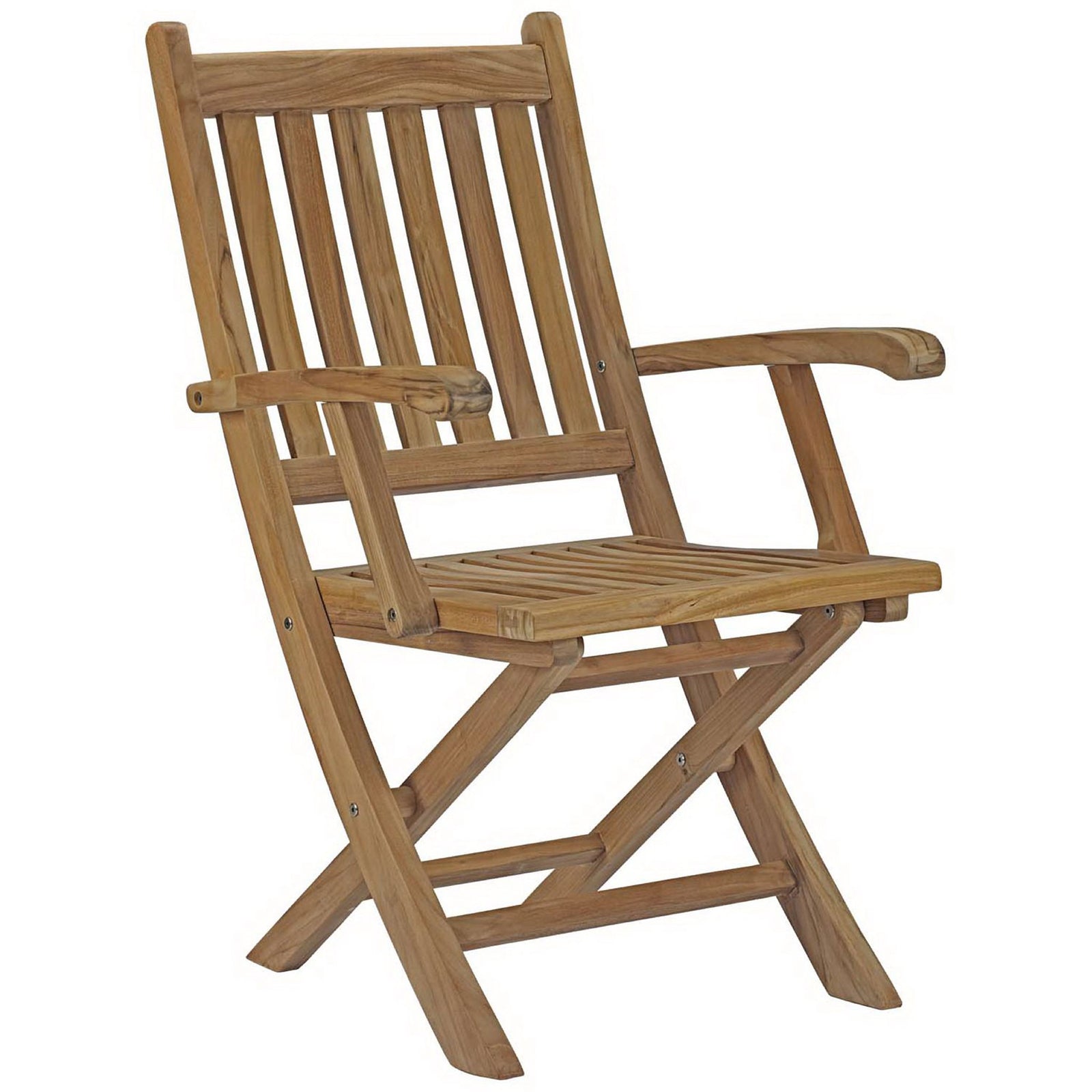 Natural teak folding armchair with cross-leg base and open slatted seat for quick drying || EEI-2703-NAT || front_angle_studio