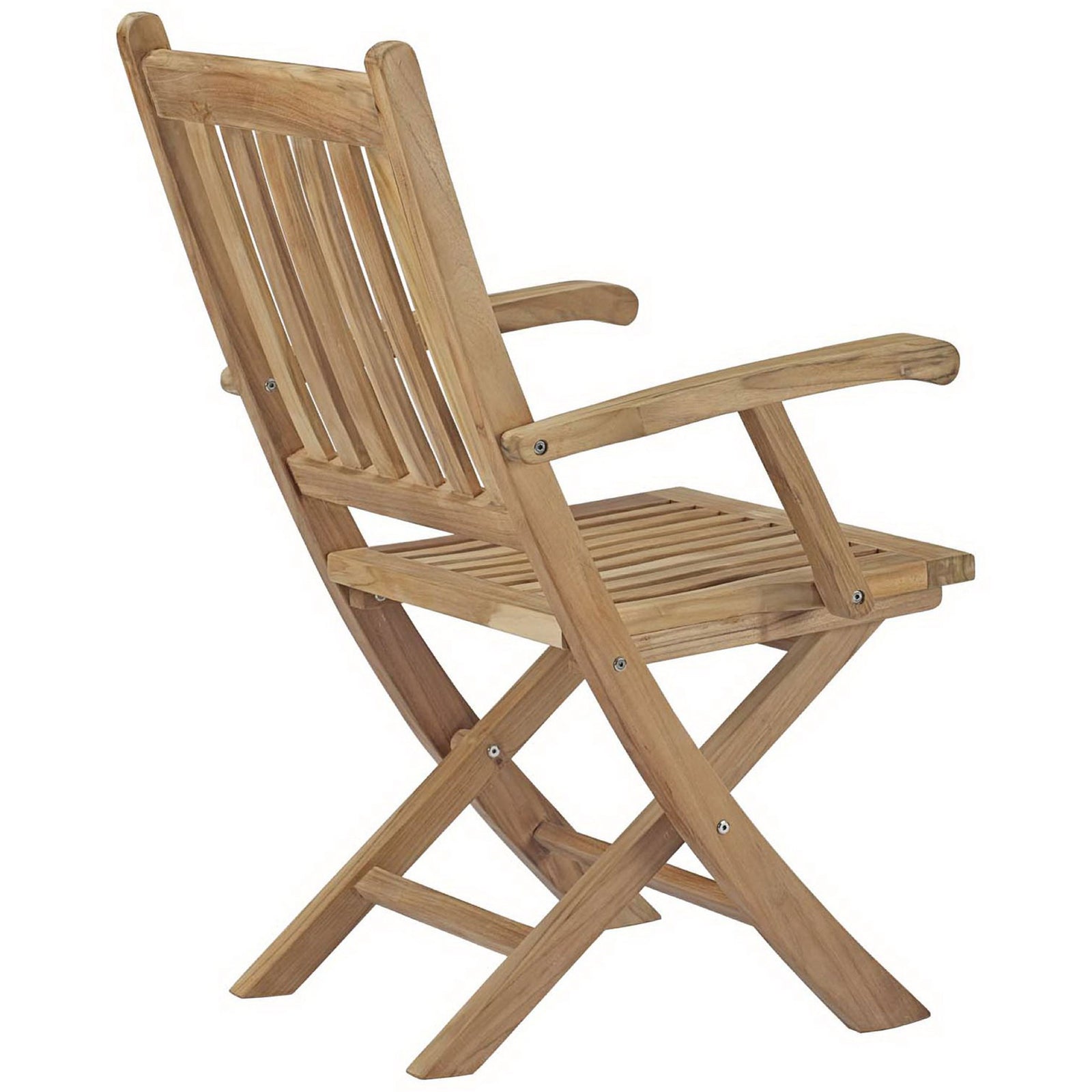 Durable teak folding armchair featuring closely spaced back slats and sturdy cross-braced legs || EEI-2703-NAT || back_angle_studio