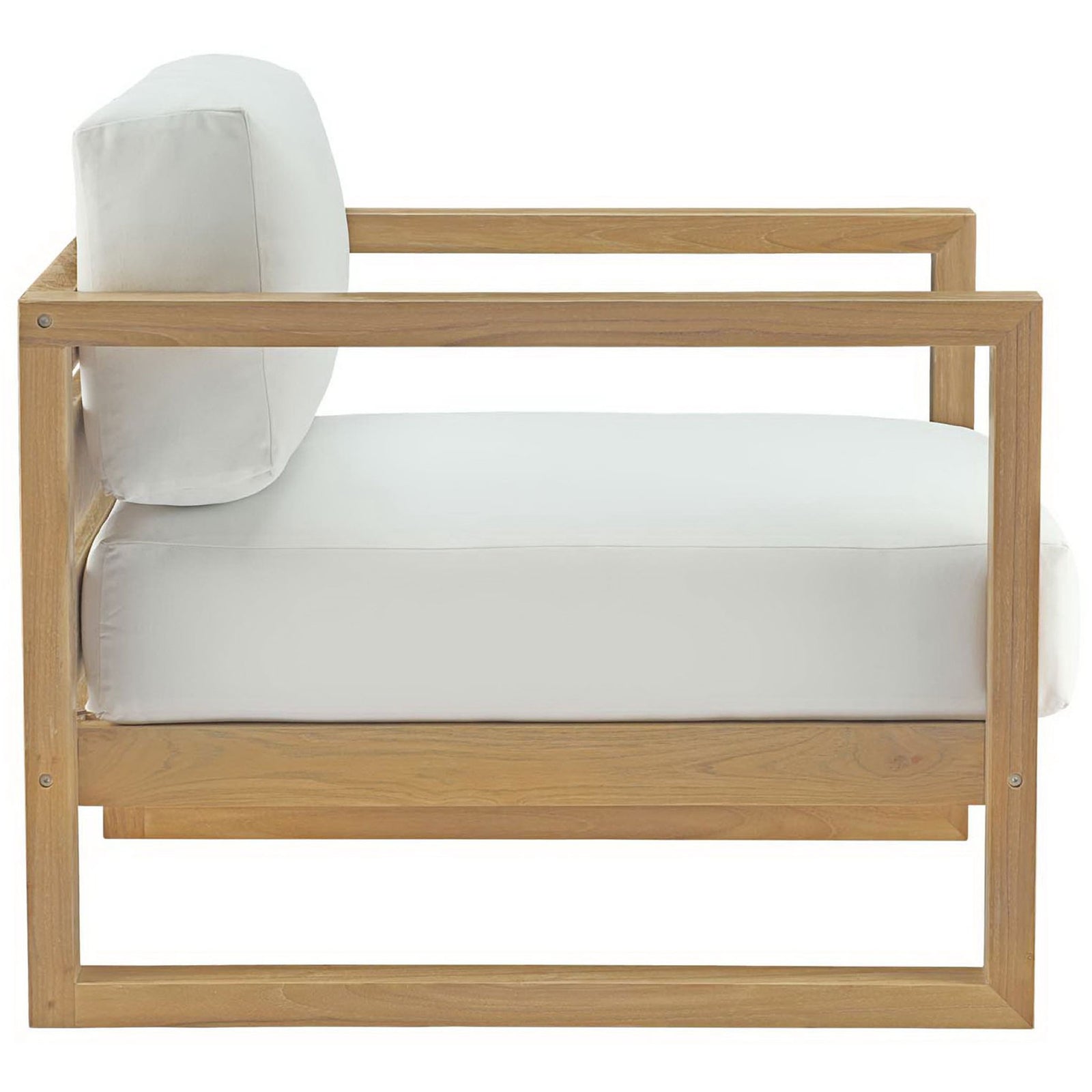 Streamlined teak patio armchair showcasing thick white seat and back cushions on an open sled base || EEI-2706-NAT-WHI || side_studio