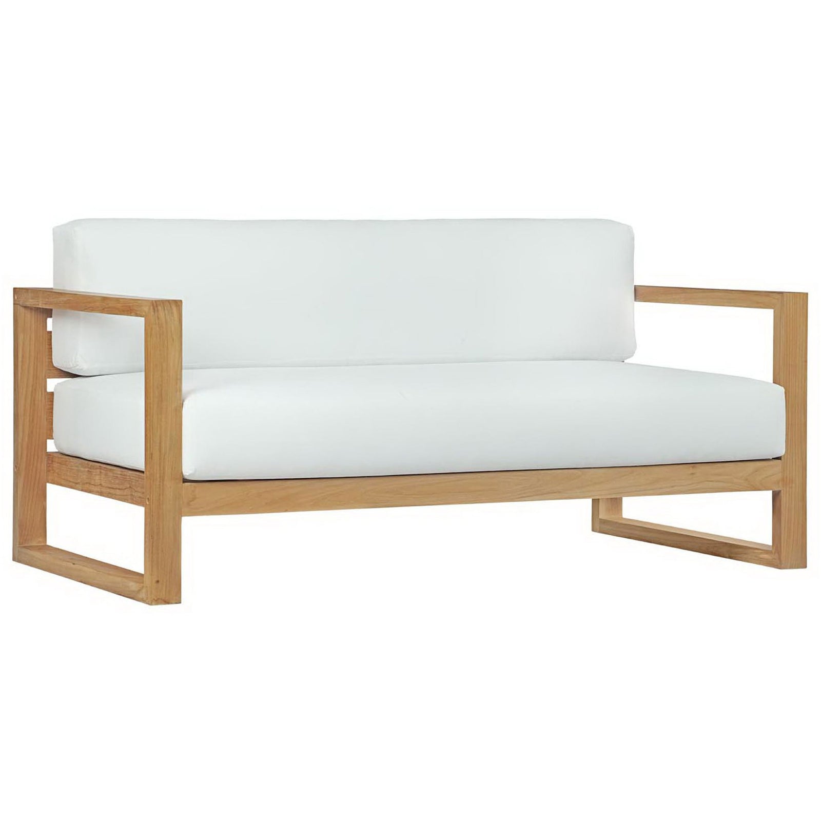 Teak outdoor sofa with clean lines and thick white cushions for relaxed patio seating || EEI-2707-NAT-WHI || front_angle_studio