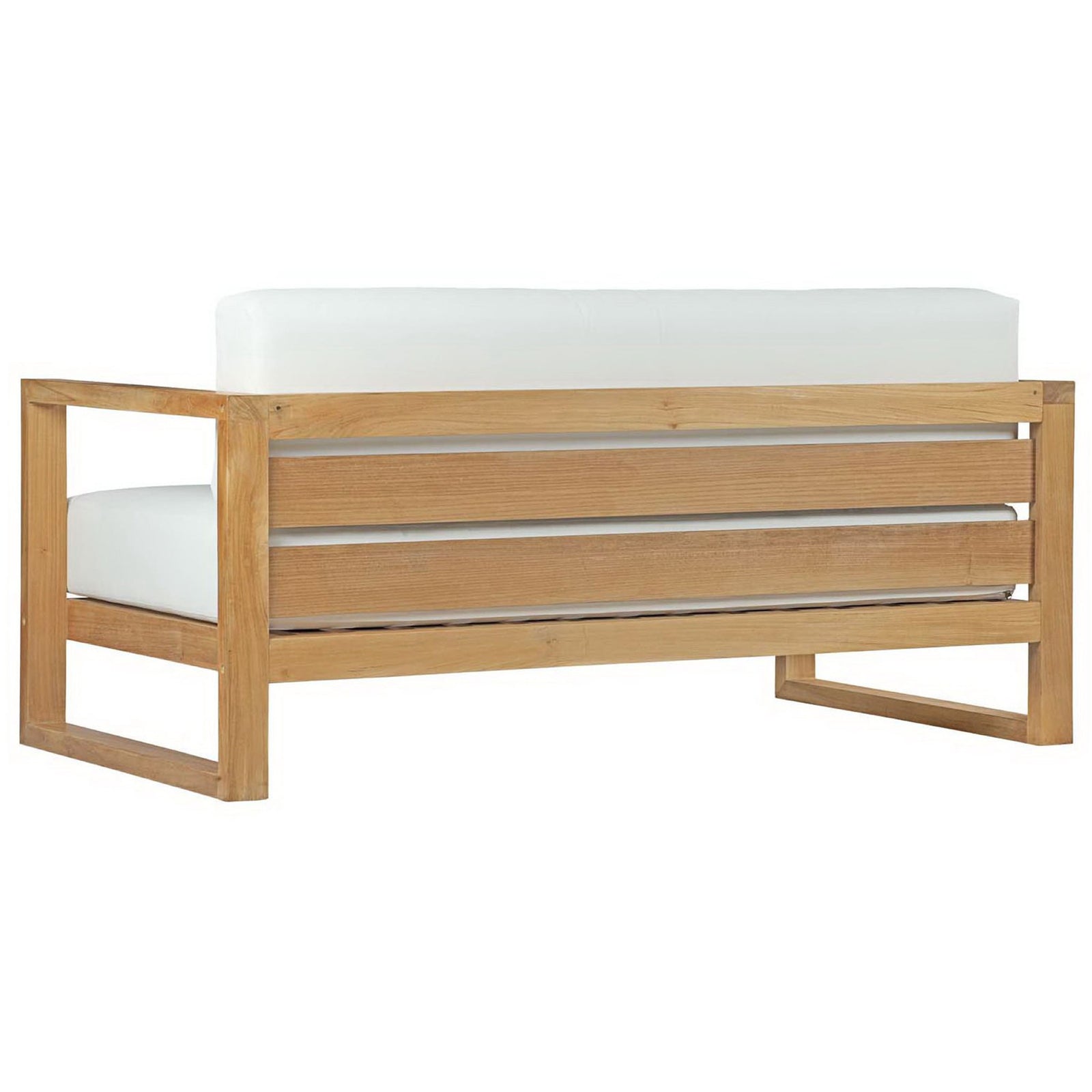 Teak outdoor sofa with slatted back rail and crisp white cushions for modern style || EEI-2707-NAT-WHI || back_angle_studio