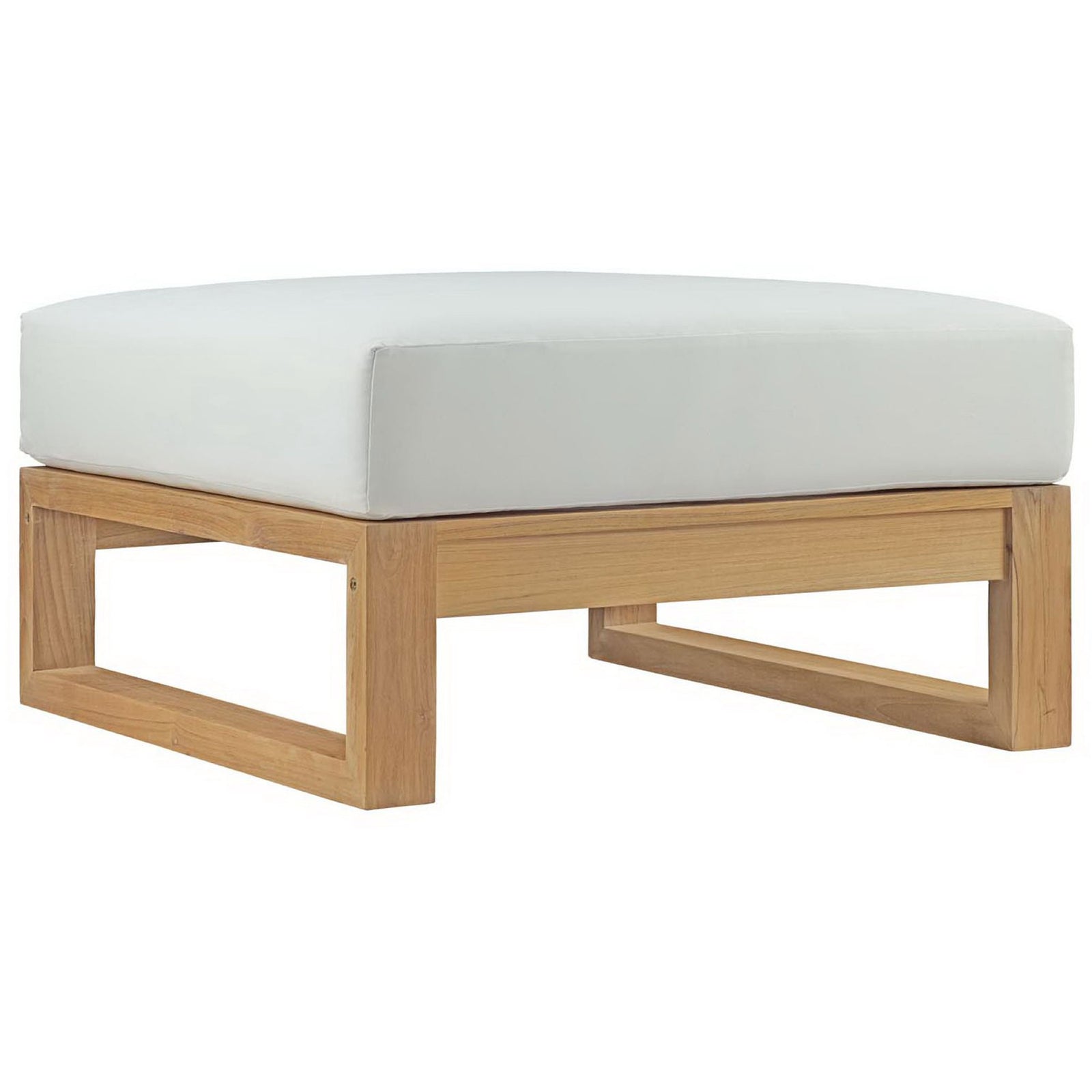 Teak wood ottoman showcasing airy open base design and thick white weather-ready cushion || EEI-2708-NAT-WHI || front_angle_studio