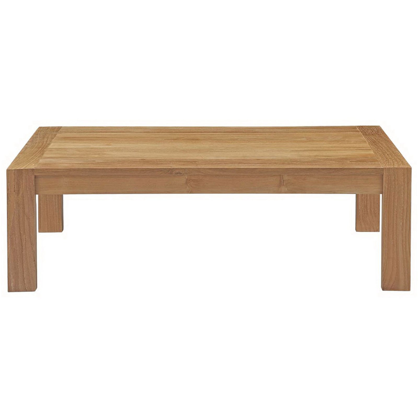 Low-profile natural teak outdoor coffee table with broad slatted top and clean modern lines || EEI-2710-NAT || front_studio