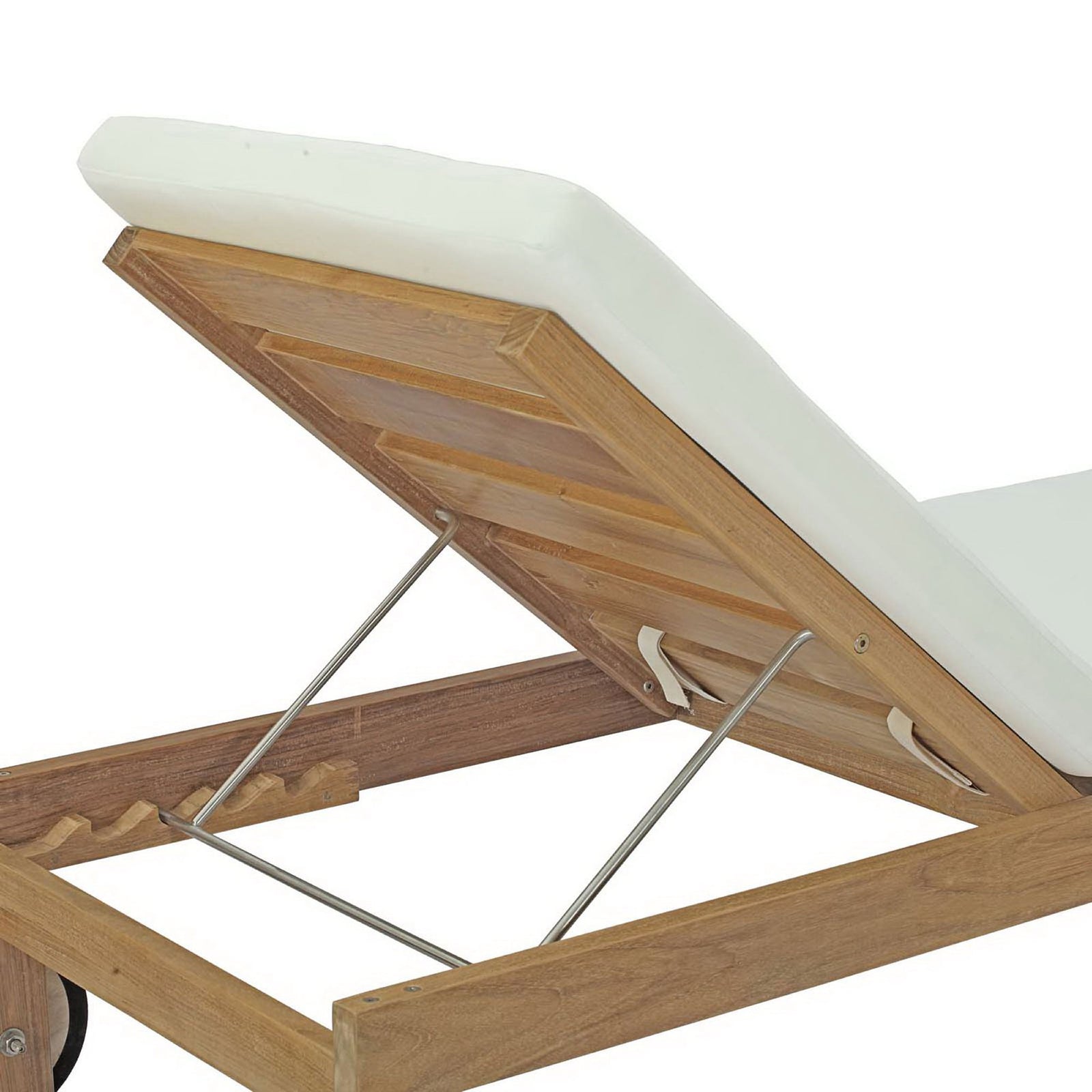 Adjustable teak backrest with white cushion and strong metal support brackets || EEI-2711-NAT-WHI || detail_studio