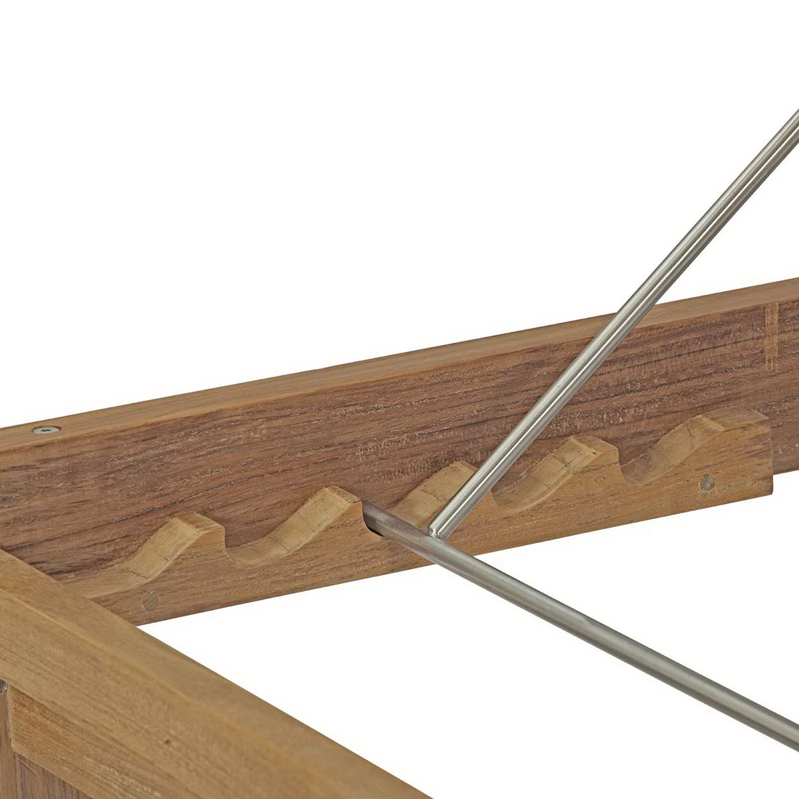 Close up of teak notched track and metal bar for multiple reclining positions || EEI-2711-NAT-WHI || detail_studio