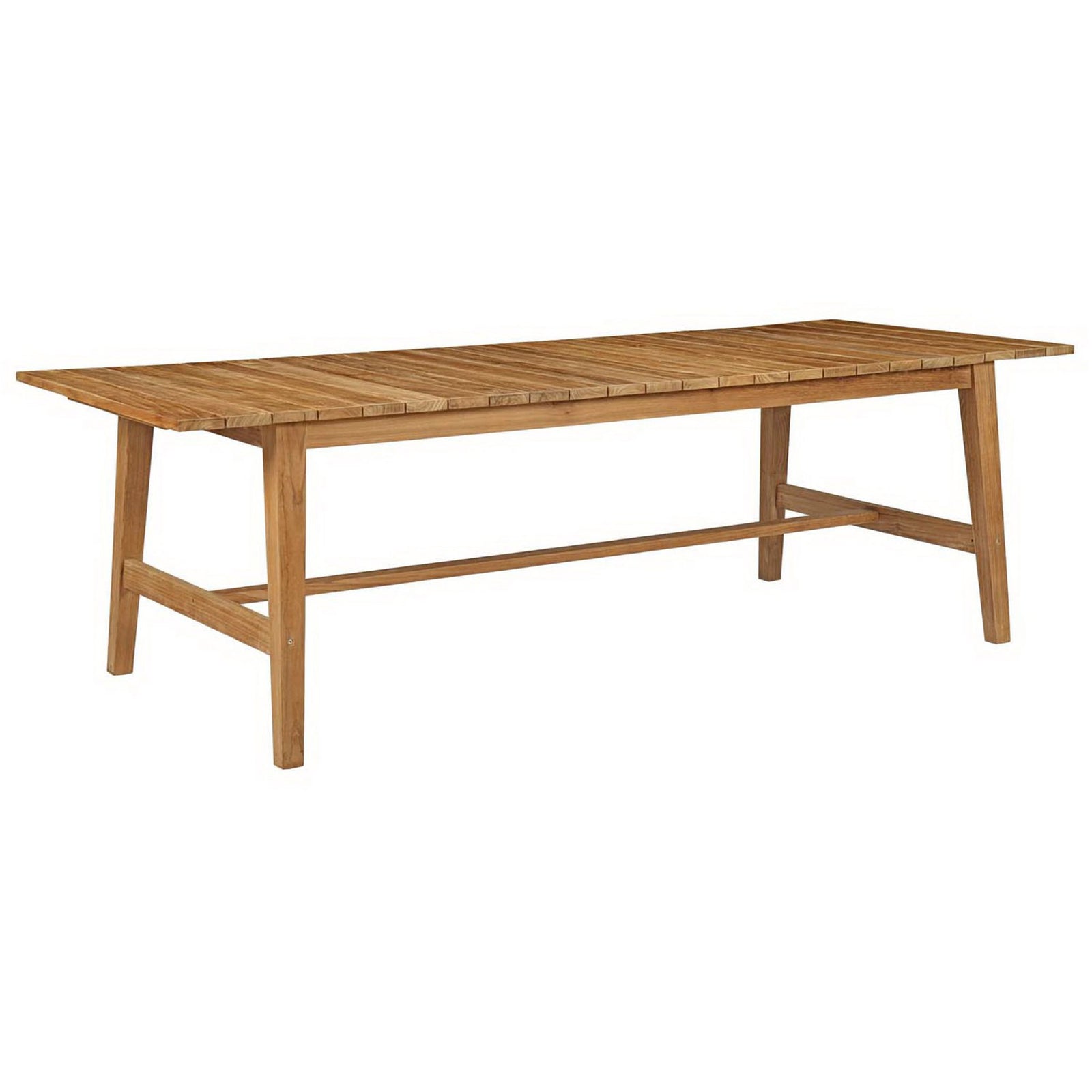 Long rectangular teak outdoor dining table with slatted top and stretcher base || EEI-2713-NAT || front_angle_studio