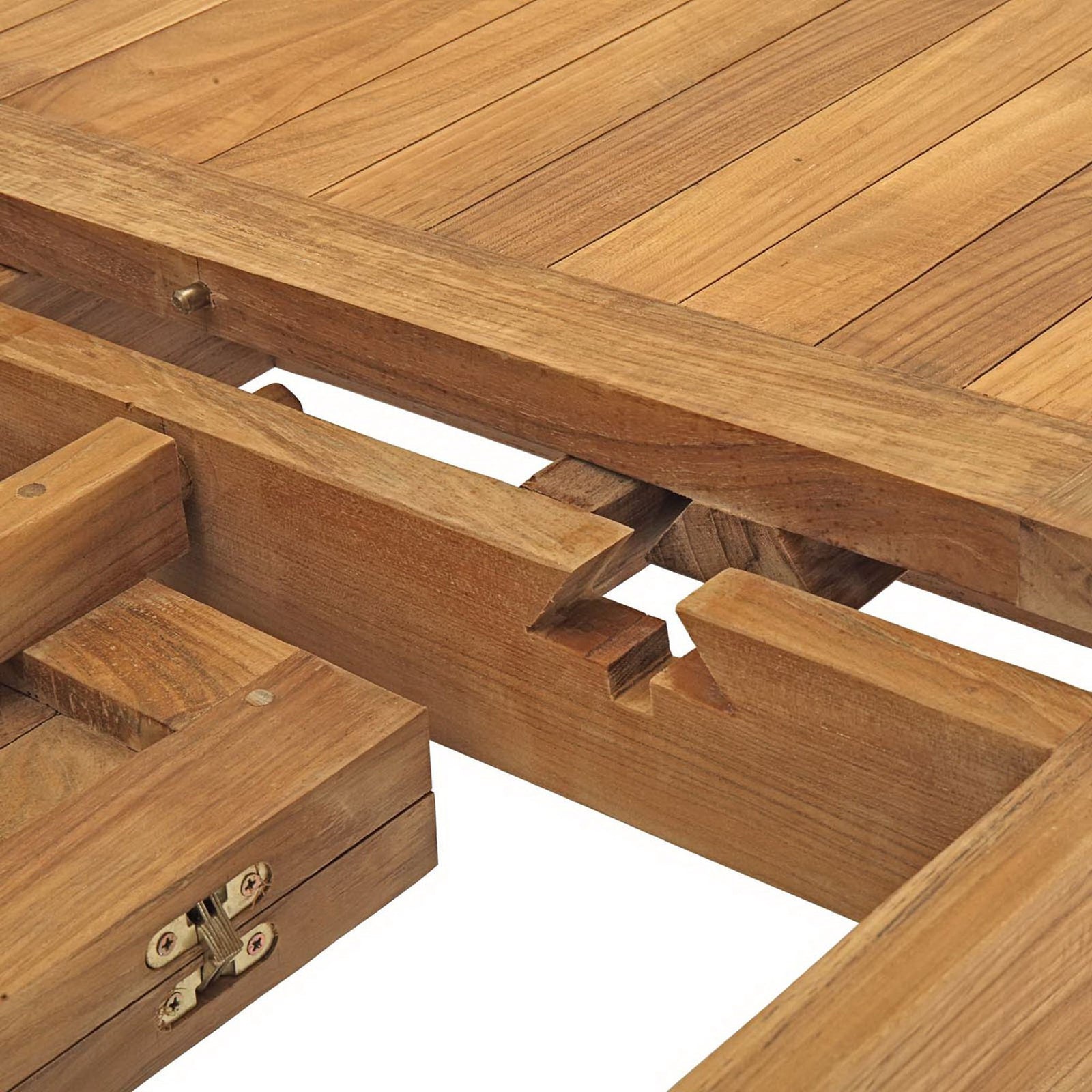 Solid teak joinery and locking notch secure the extension mechanism for a stable tabletop || EEI-2714-NAT || detail_studio