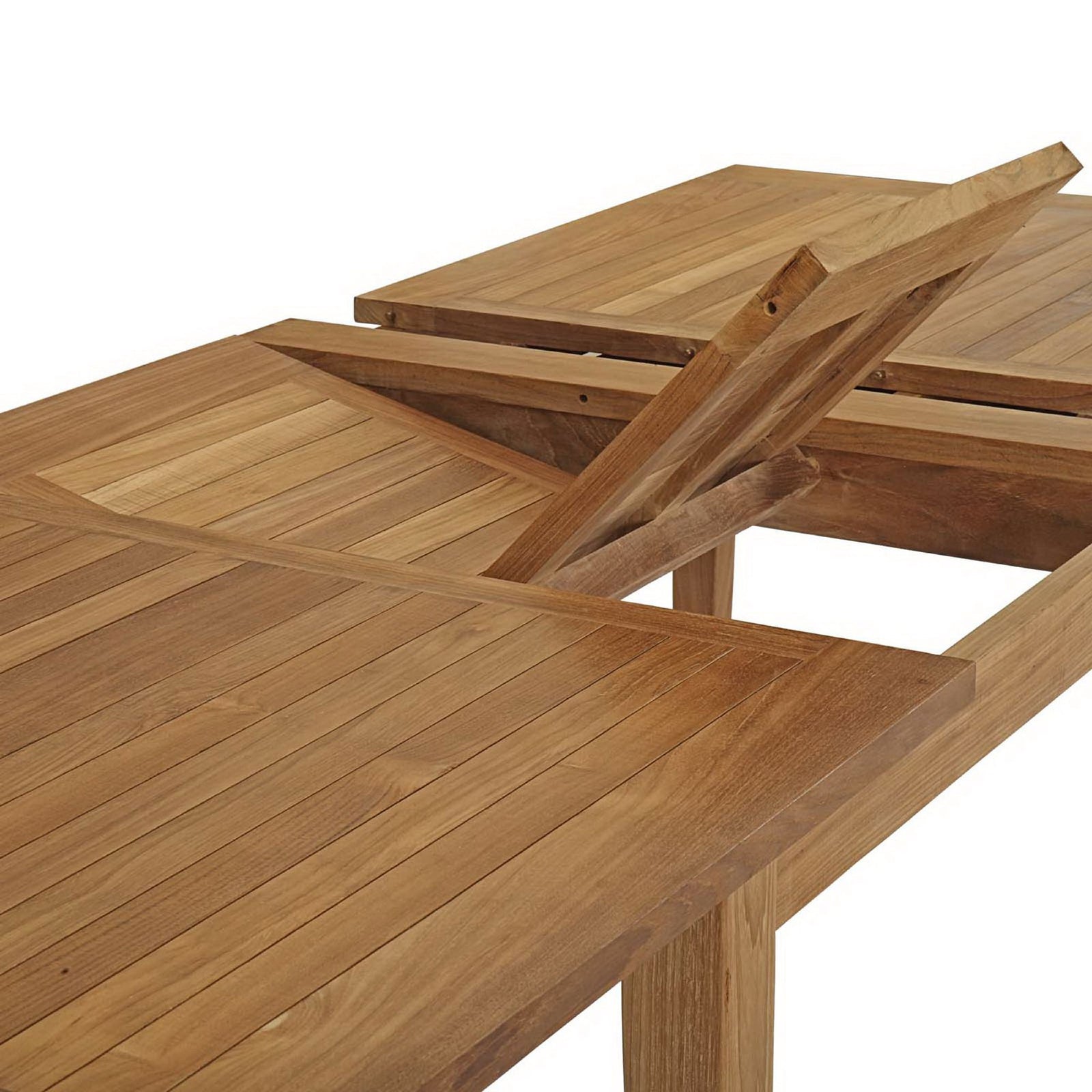 Teak extension leaf pivots smoothly from the center of the table for easy length adjustment || EEI-2714-NAT || detail_studio