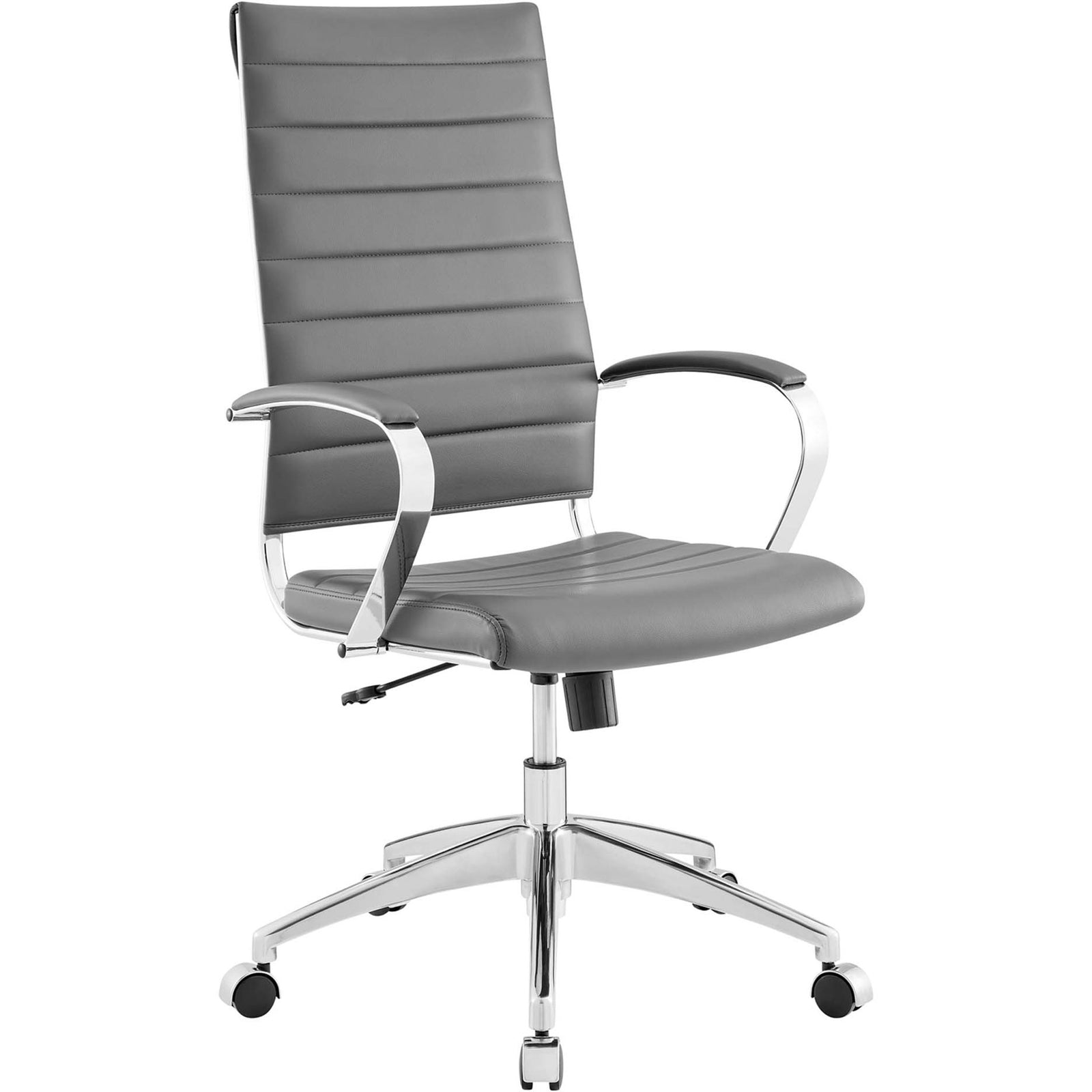 Elegant gray high back task chair with contoured ribbed seat and sweeping chrome armrests || EEI-272-GRY || front_angle_studio