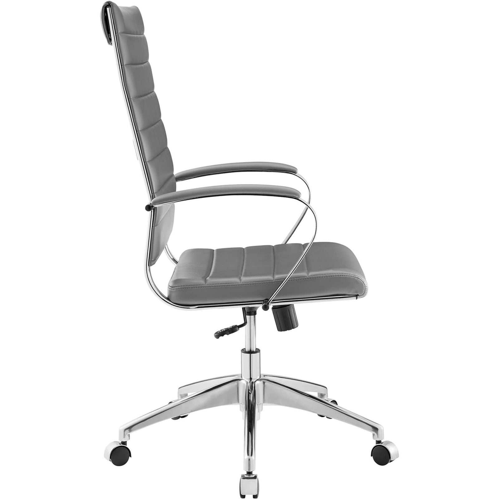 Slim profile office chair showcasing the tall ribbed back, waterfall seat edge, and height adjustment lever || EEI-272-GRY || side_studio