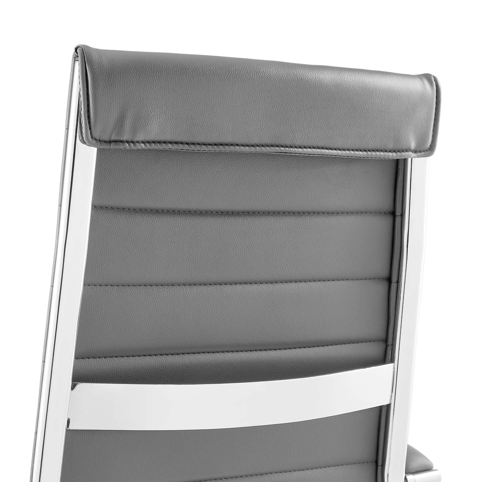Ribbed gray vinyl upholstery and padded headrest with neat stitching on the chair back || EEI-272-GRY || detail_studio