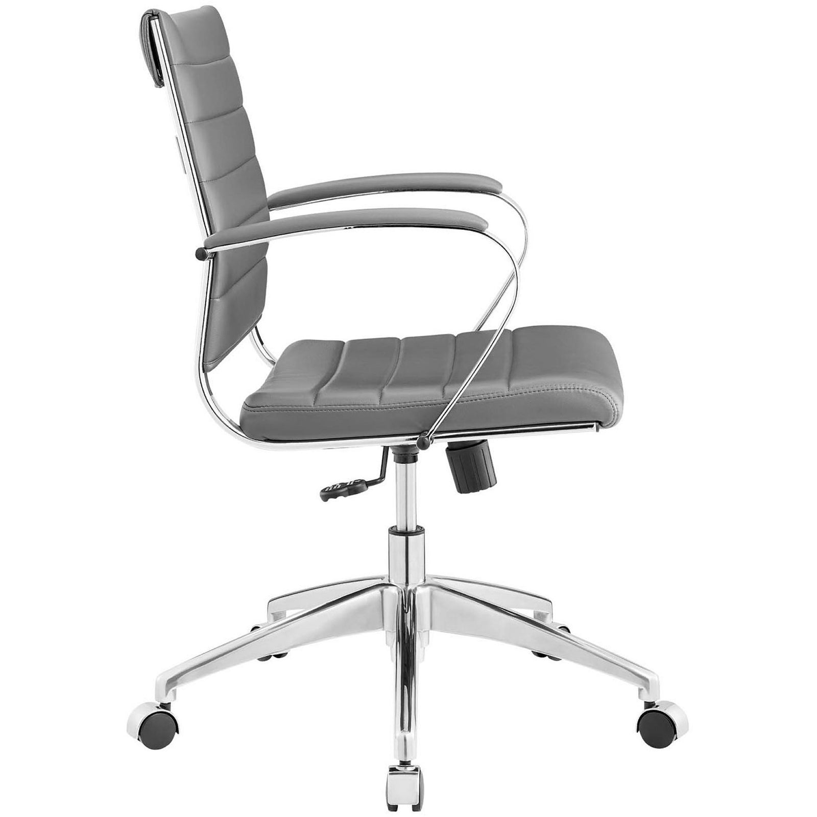 Sleek gray office chair highlighting curved arms, tilt lever, and chrome five-star base. || EEI-273-GRY || side_studio