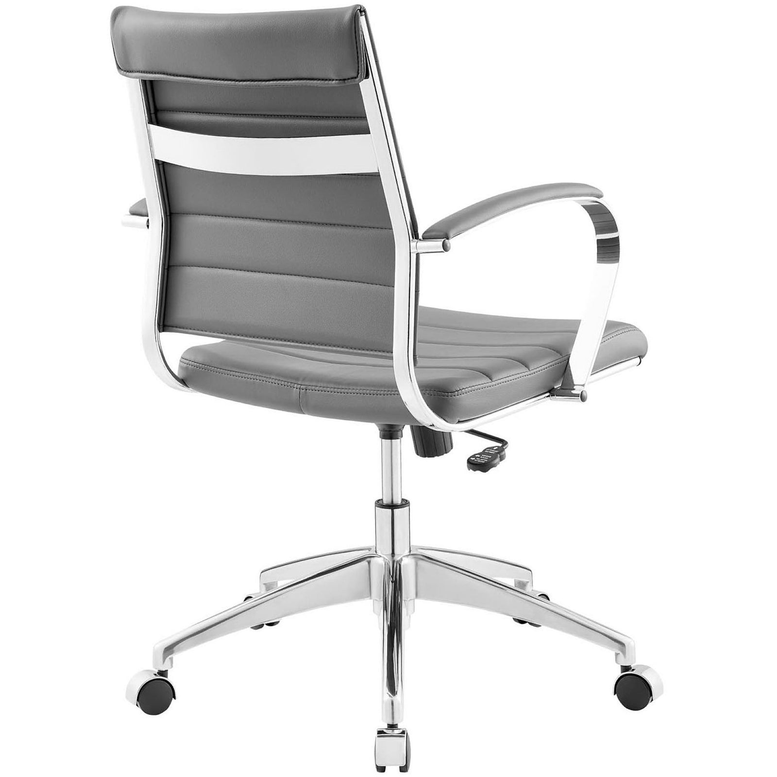 Gray ribbed office chair with padded backrest, chrome support band, and slim profile design. || EEI-273-GRY || back_angle_studio
