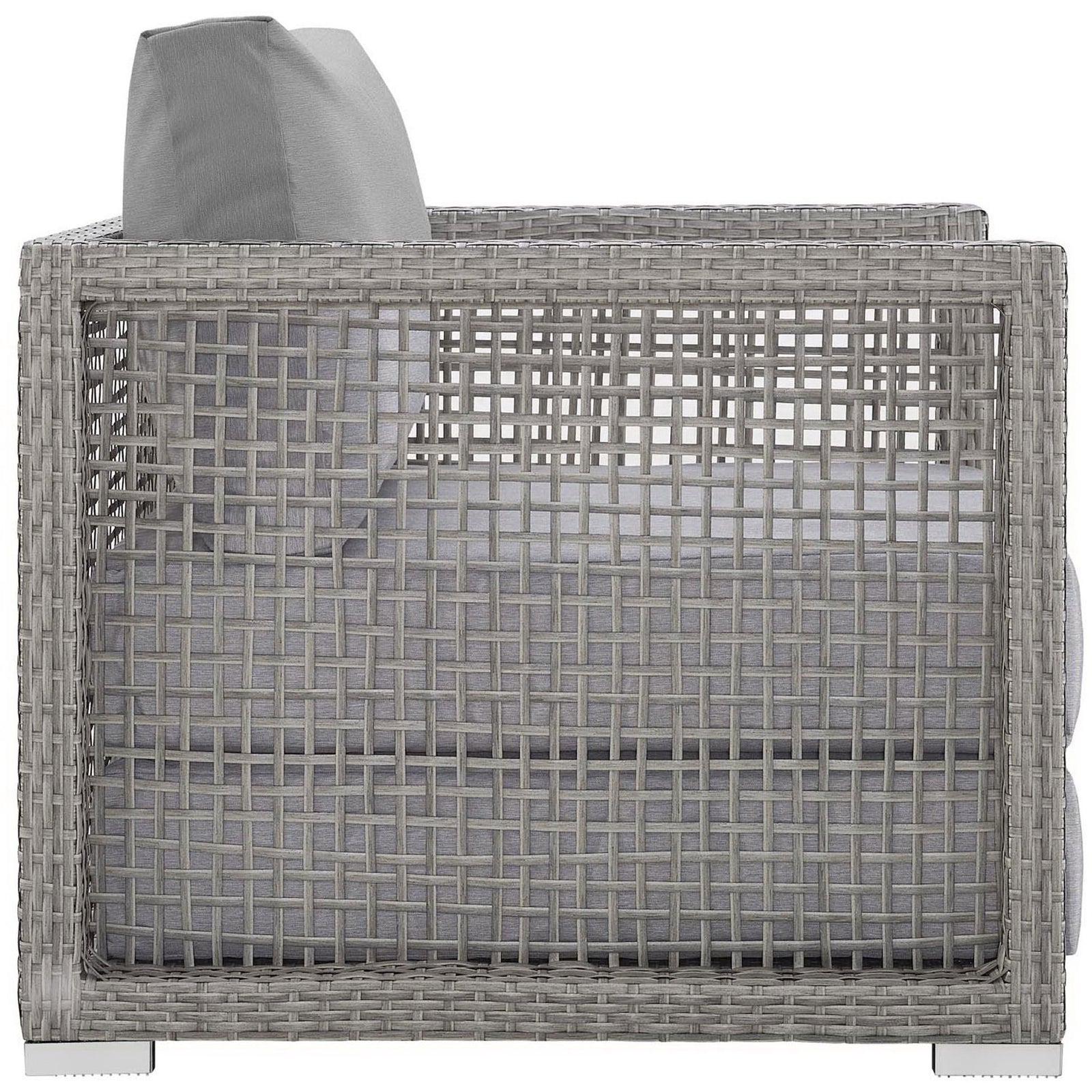 Boxy gray rattan armchair with open grid sides, deep all weather cushions, and chrome block feet || EEI-2918-GRY-GRY || side_studio