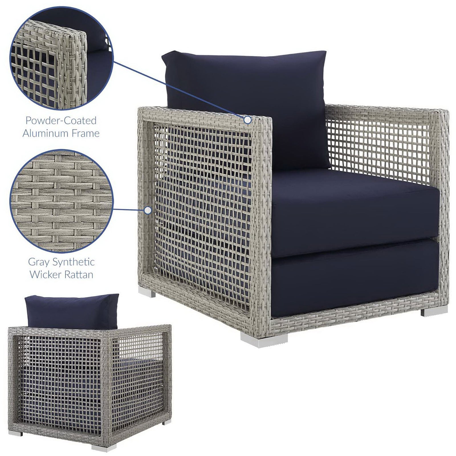 Feature image calling out powder coated aluminum frame and durable gray synthetic wicker rattan || EEI-2918-GRY-NAV || callout_studio