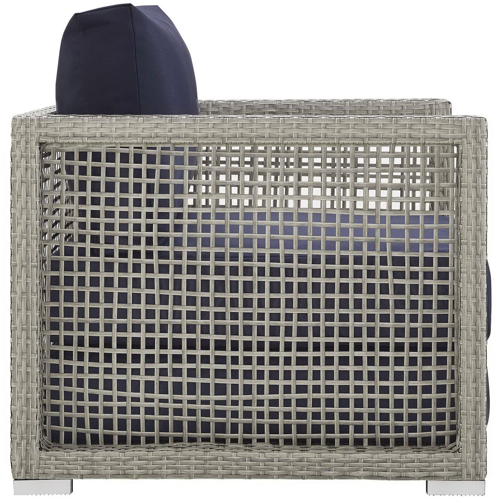 Boxy rattan armchair in gray weave with navy all weather cushions and sleek chrome block feet || EEI-2918-GRY-NAV || side_studio