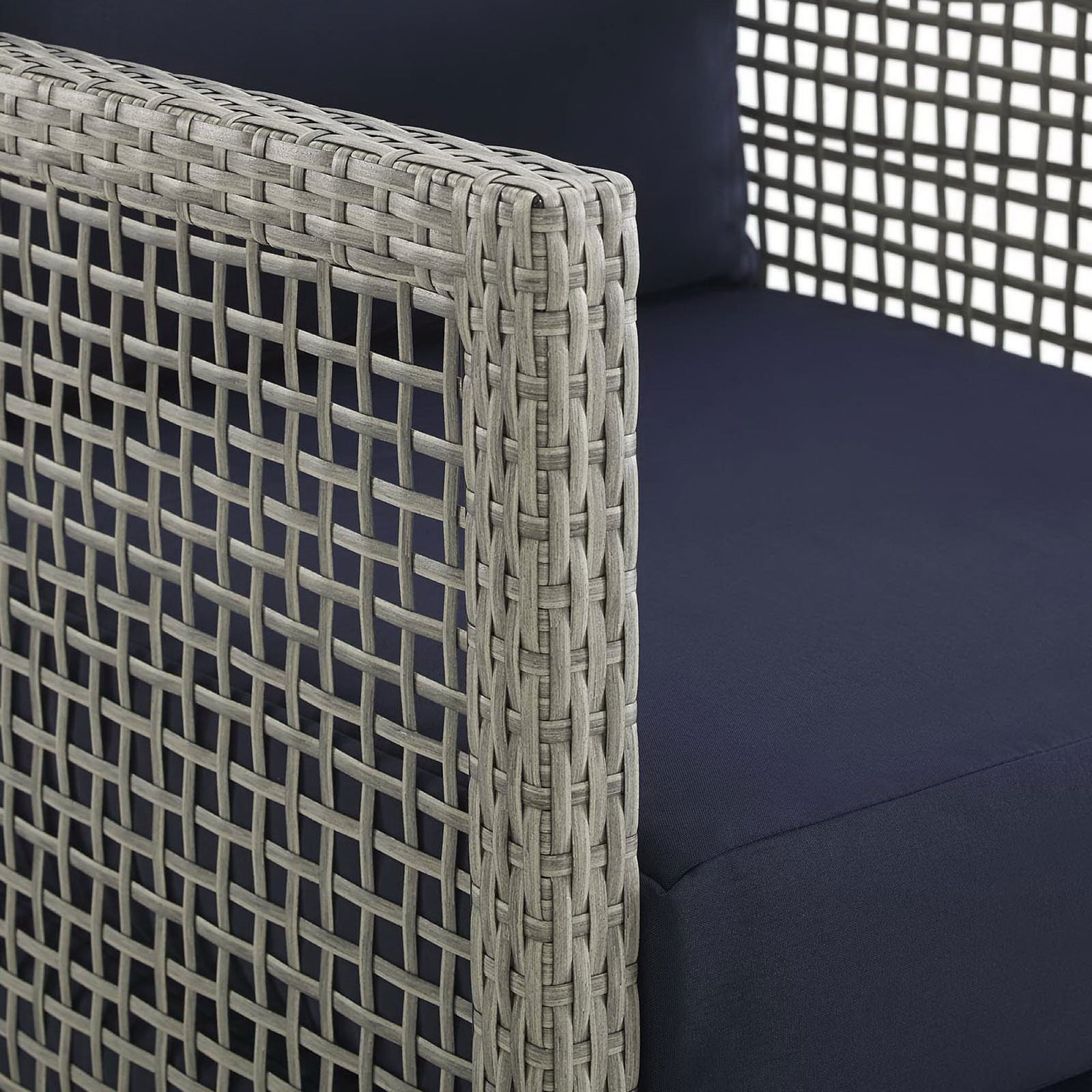 Close up of textured gray wicker weave and smooth navy cushion upholstery for a refined finish || EEI-2918-GRY-NAV || swatch_studio