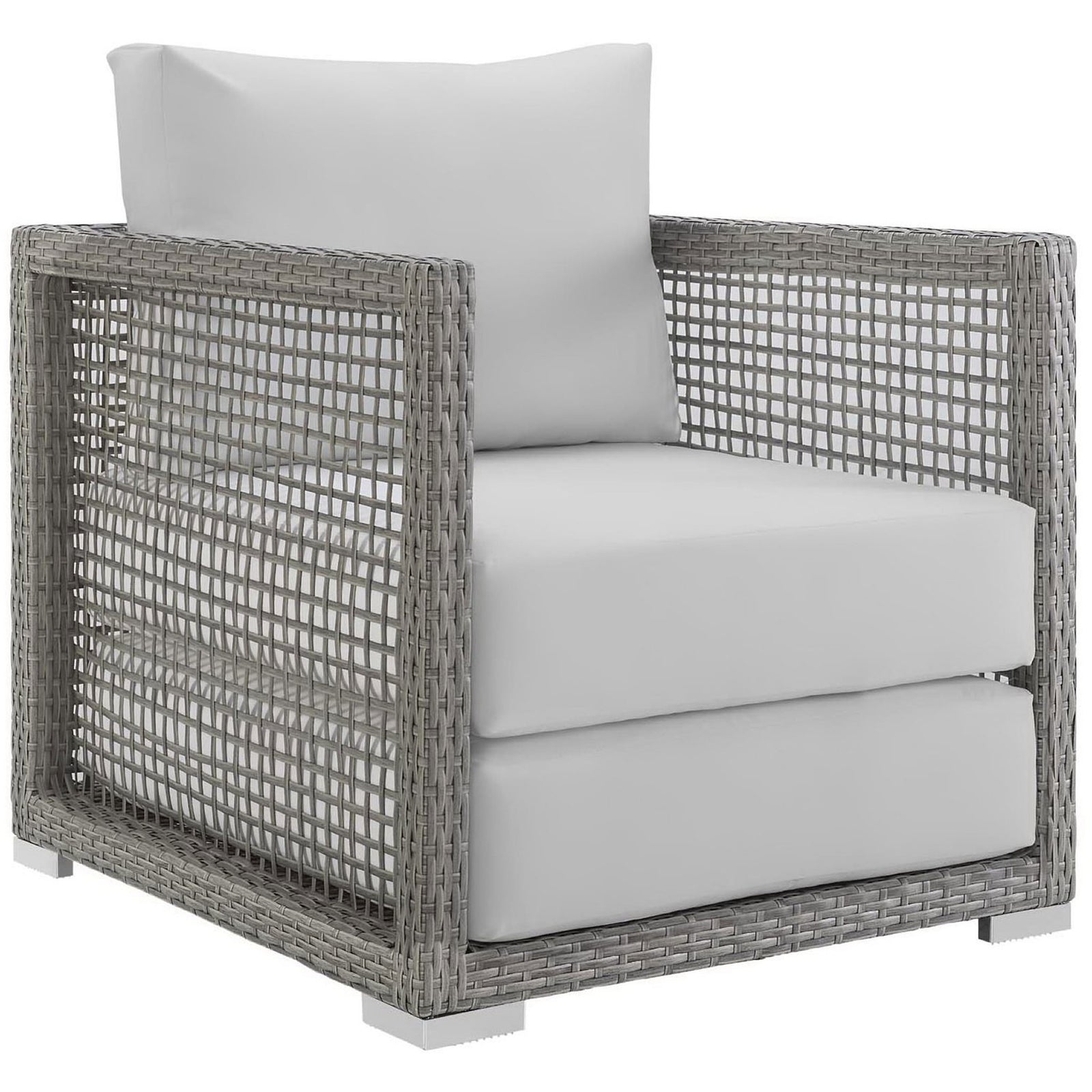 Gray wicker outdoor armchair with crisp white seat and back cushions for fresh patio style || EEI-2918-GRY-WHI || front_angle_studio