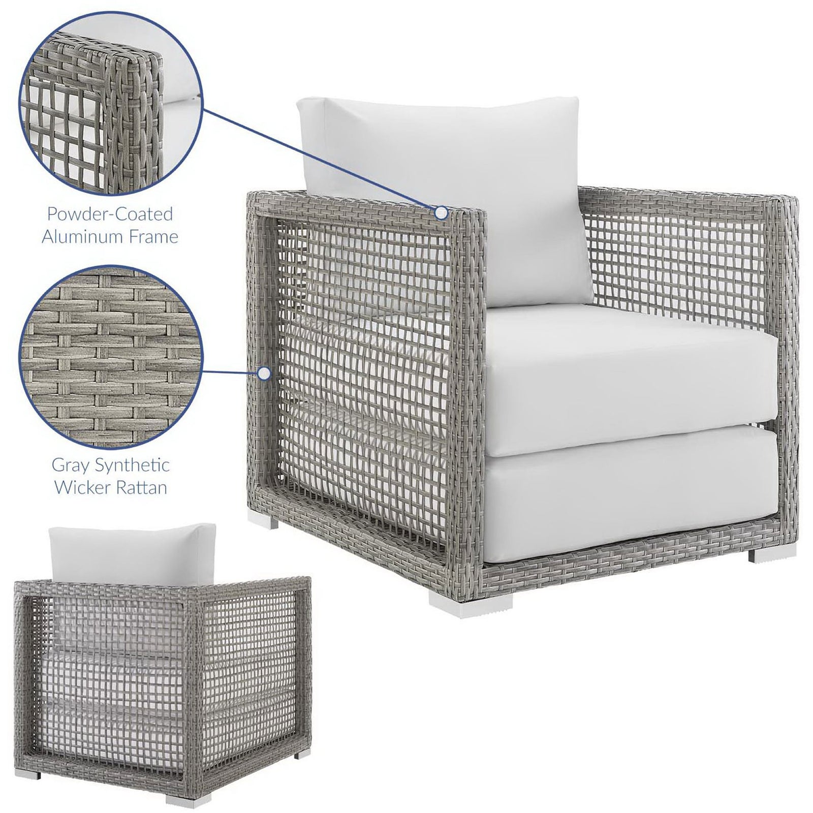 Feature image calling out powder coated aluminum frame and durable gray synthetic wicker rattan || EEI-2918-GRY-WHI || callout_studio