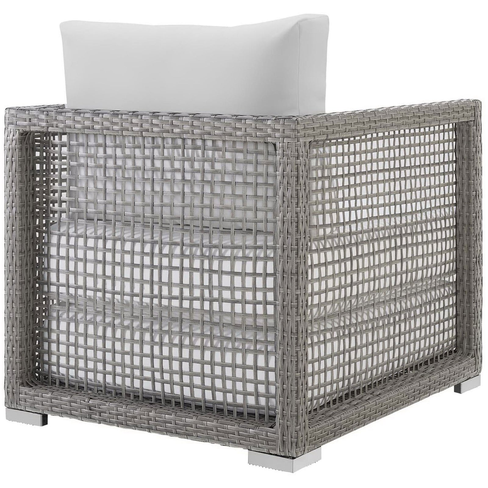 Gray woven rattan armchair featuring full back panel and plush white cushion for relaxing support || EEI-2918-GRY-WHI || back_angle_studio