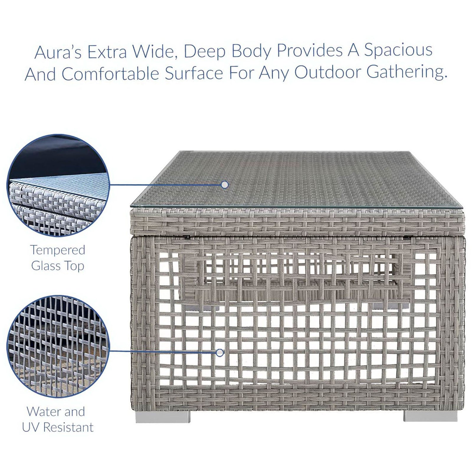 Aura gray wicker coffee table with tempered glass top and water- and UV-resistant woven finish || EEI-2919-GRY || callout_studio