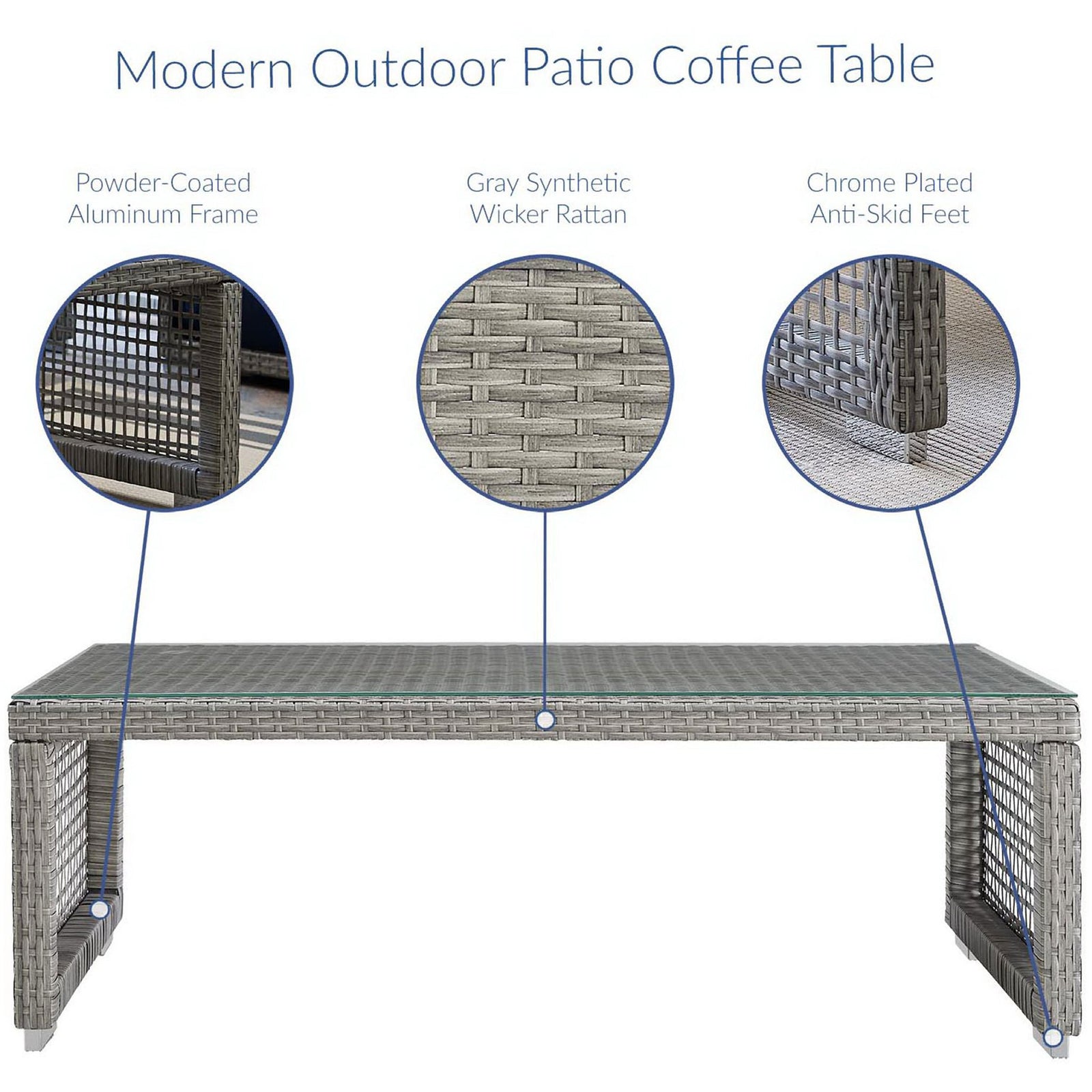 Modern gray wicker coffee table highlighting powder-coated aluminum frame and chrome plated anti-skid feet || EEI-2919-GRY || callout_studio