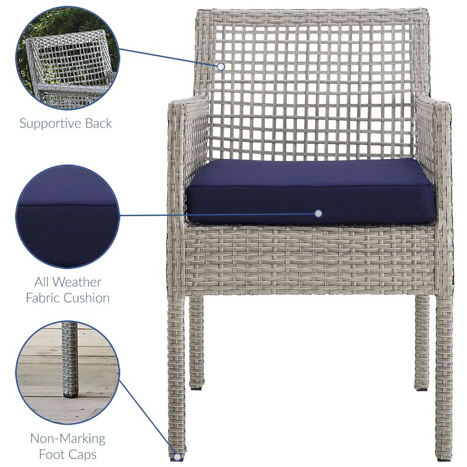 Aura gray wicker patio armchair spotlighting supportive backrest, weather-resistant navy cushion, and non-marking feet || EEI-2920-GRY-NAV || callout_studio