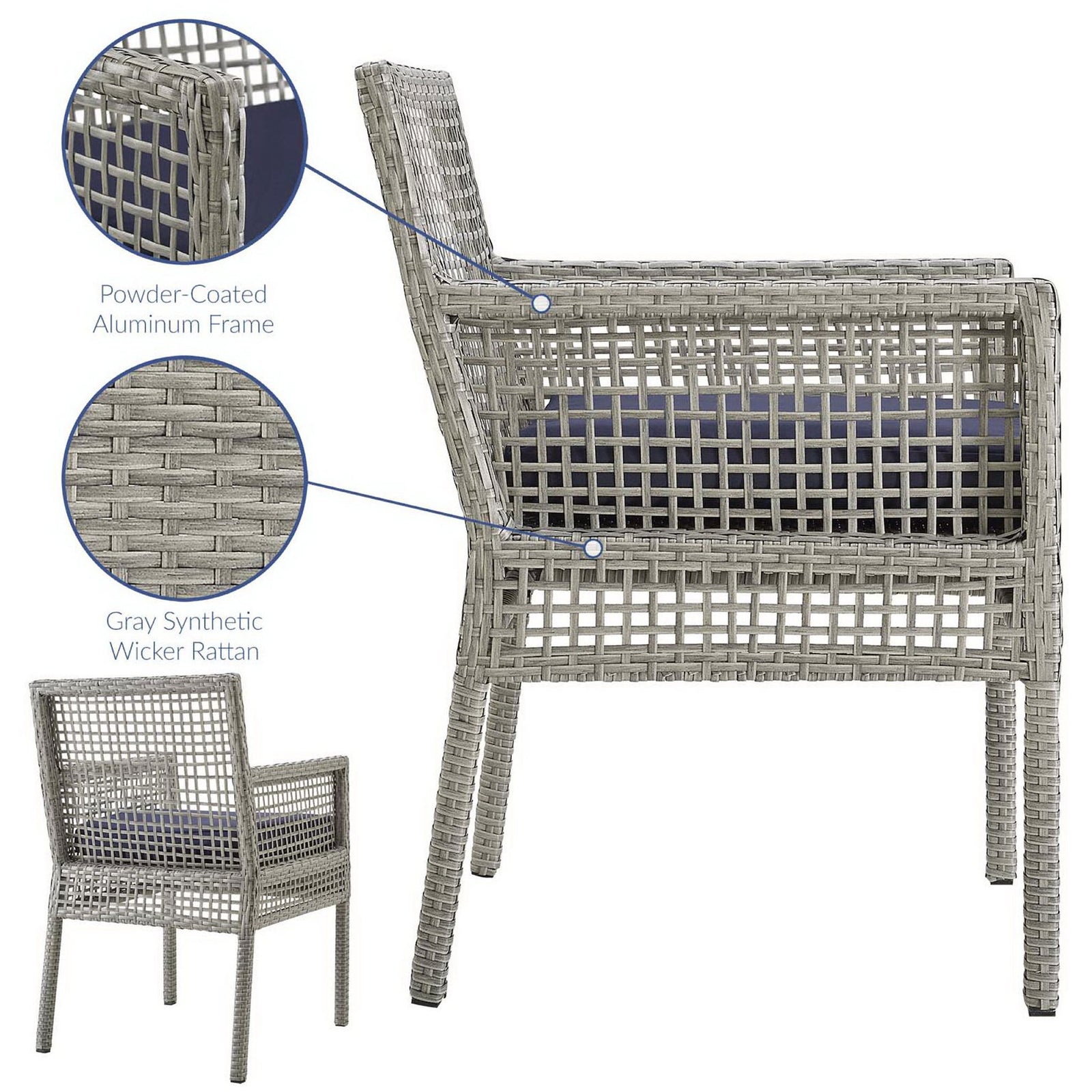 Durable synthetic wicker and powder-coated aluminum frame deliver a sturdy, low-maintenance gray and navy armchair || EEI-2920-GRY-NAV || callout_studio