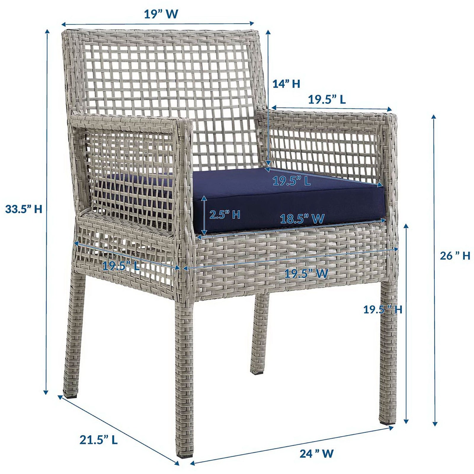 Aura gray wicker armchair with navy cushion shown with seat, arm, and overall dimensions for dining area layouts || EEI-2920-GRY-NAV || dimension_studio