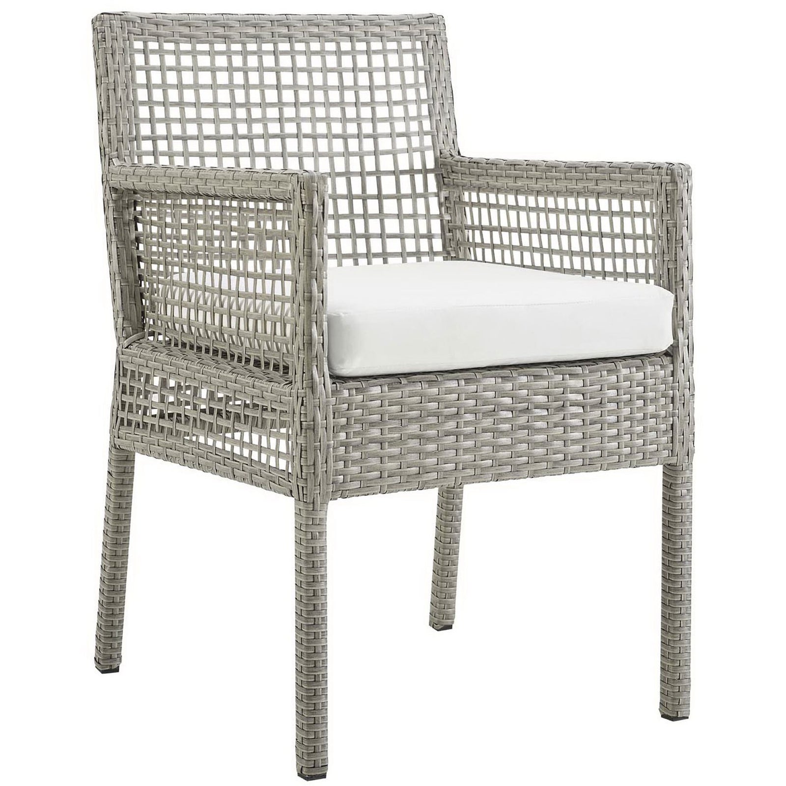 Aura gray wicker rattan outdoor dining armchair topped with a crisp white all-weather seat cushion || EEI-2920-GRY-WHI || front_angle_studio