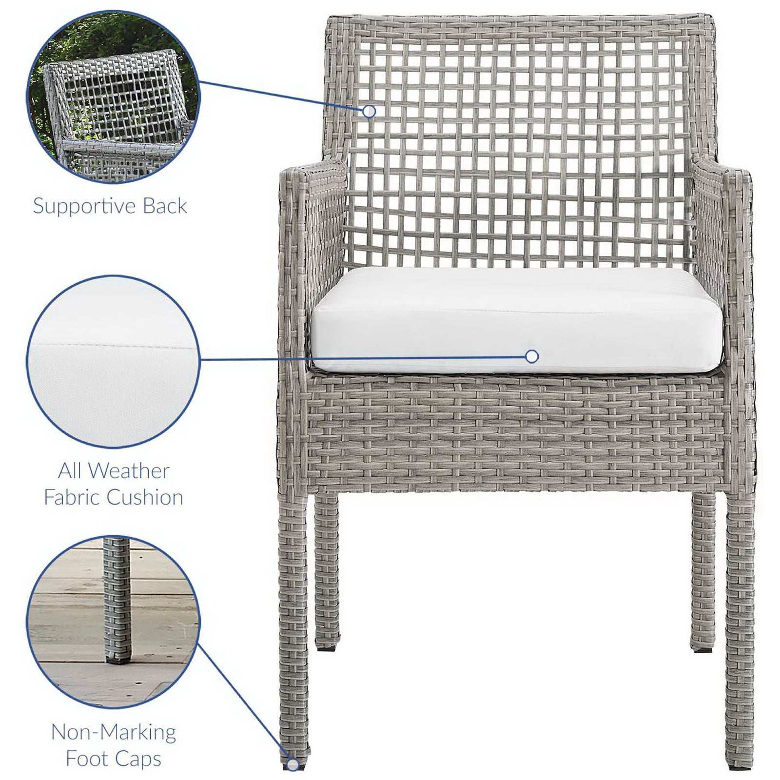 Aura gray wicker patio armchair featuring supportive back, white all-weather cushion, and non-marking foot caps || EEI-2920-GRY-WHI || callout_studio