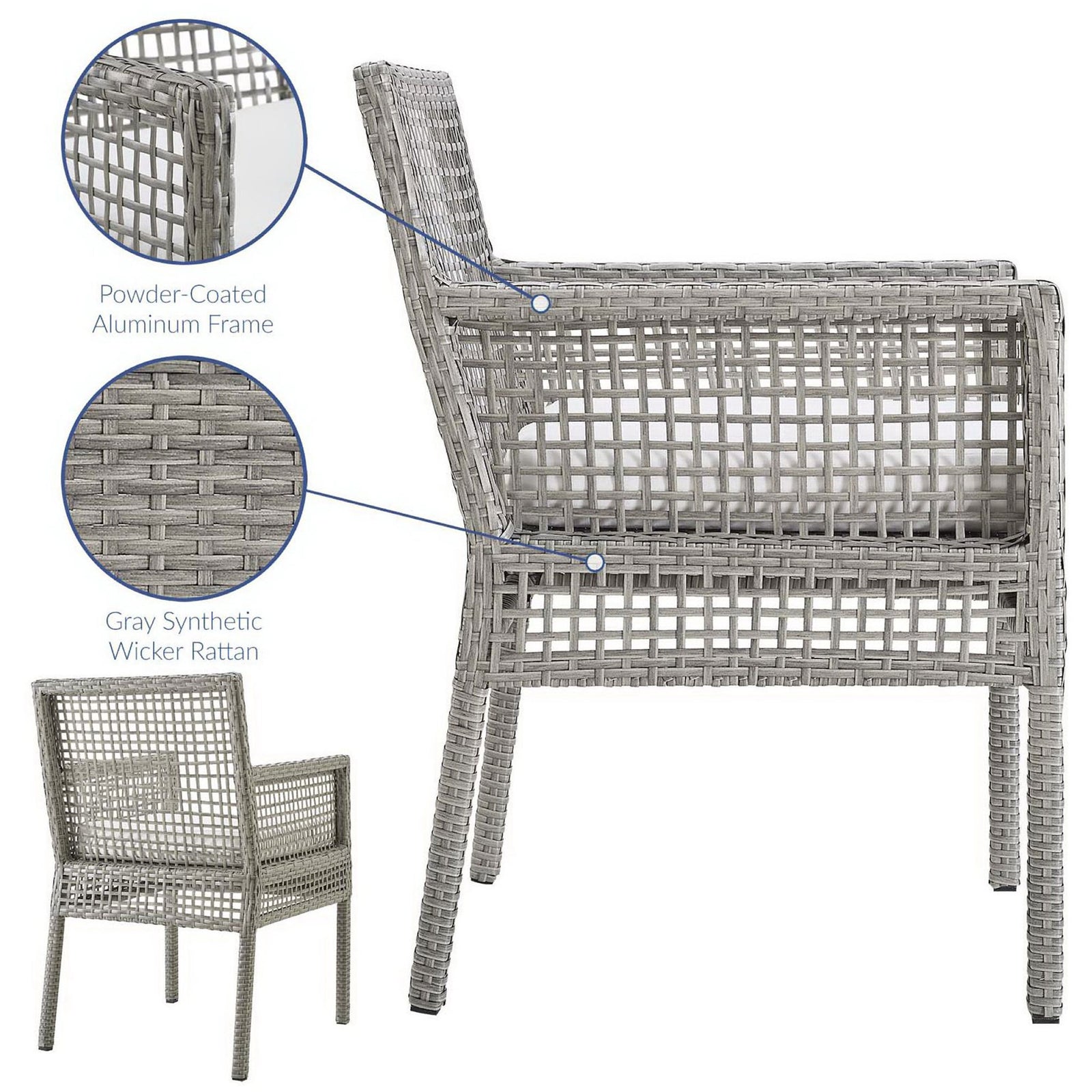 Weather-resistant synthetic wicker and powder-coated aluminum frame create a durable gray and white patio armchair || EEI-2920-GRY-WHI || callout_studio