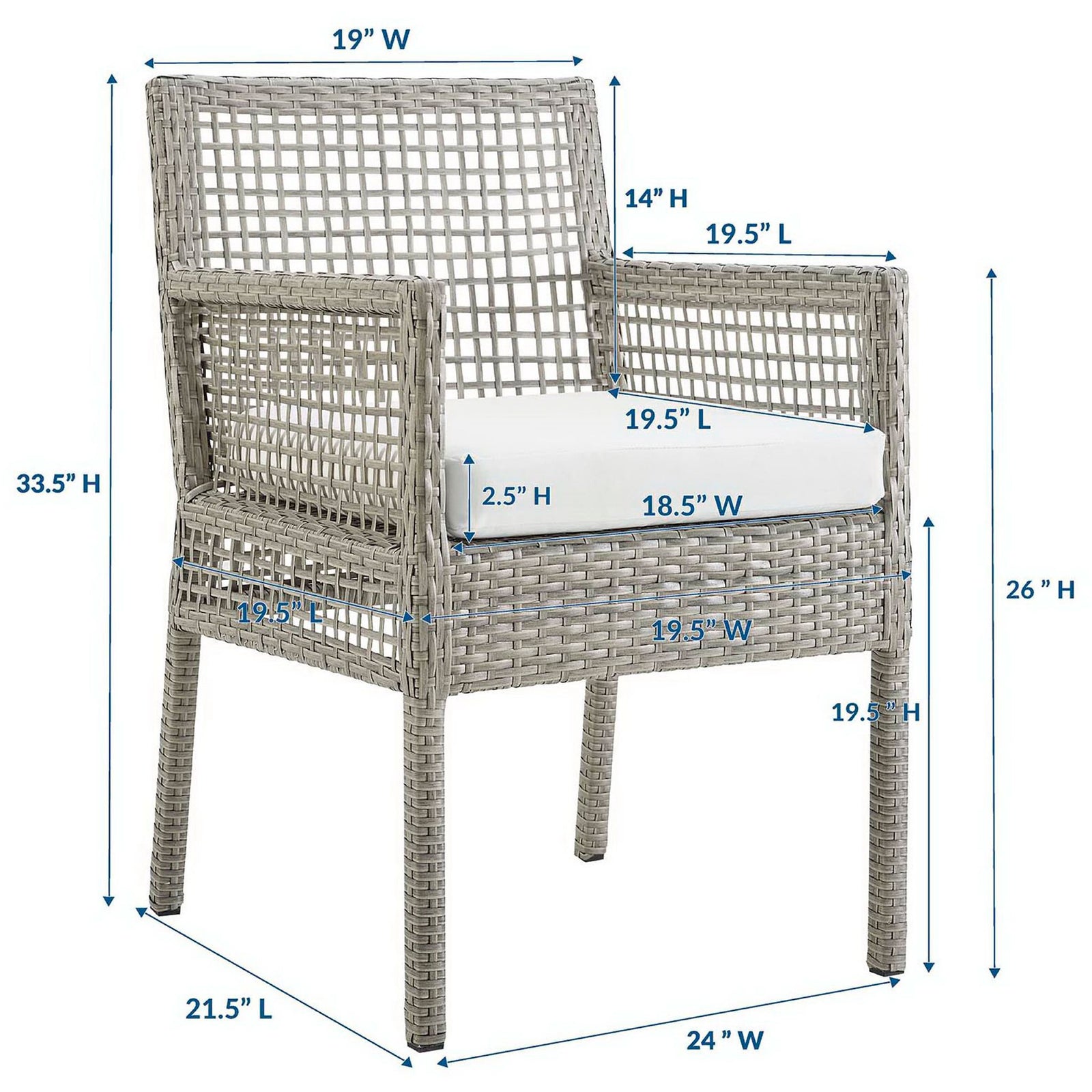 Aura gray wicker armchair with white cushion shown with detailed seat, arm, and height measurements || EEI-2920-GRY-WHI || dimension_studio