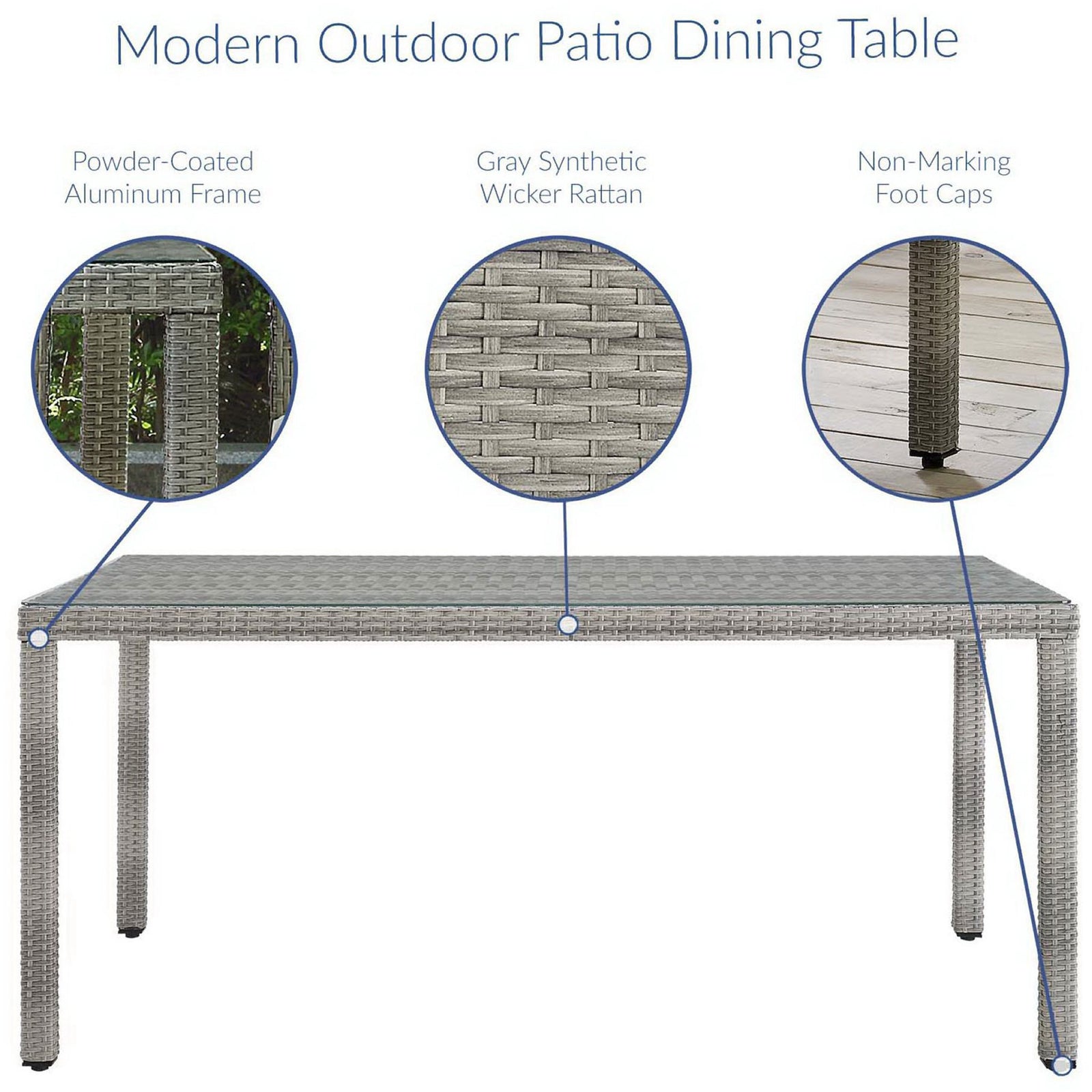 Durable outdoor dining table detailing powder coated frame, woven wicker texture, and non marking foot caps || EEI-2921-GRY || callout_studio