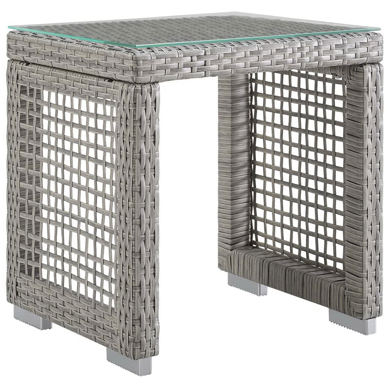 Aura gray wicker outdoor side table with glass top and airy lattice sides. || EEI-2922-GRY || front_angle_studio