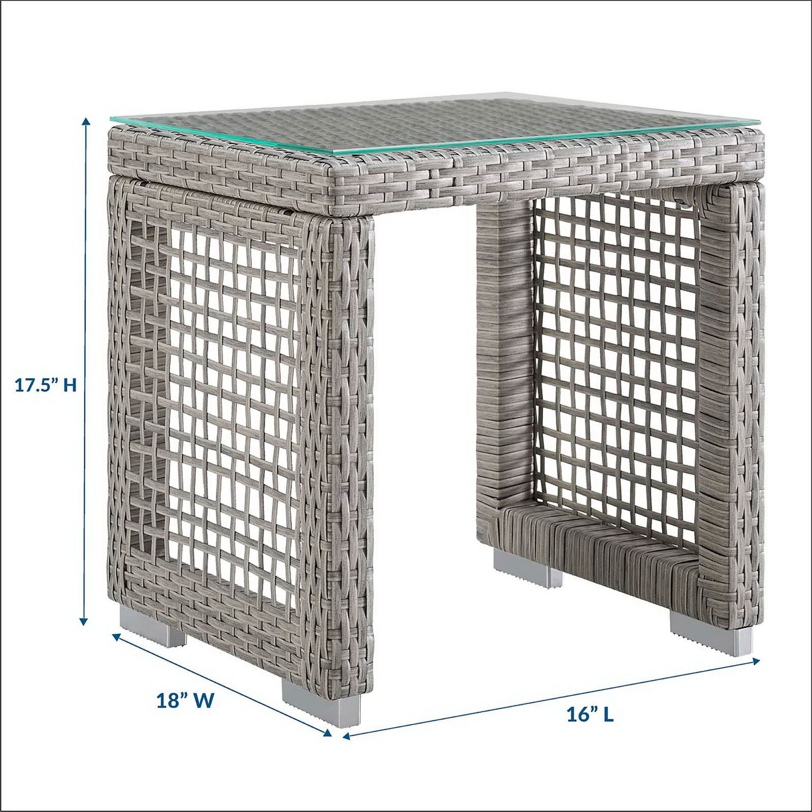 Aura gray wicker side table with tempered glass top shown with clear height and width dimensions. || EEI-2922-GRY || dimension_studio