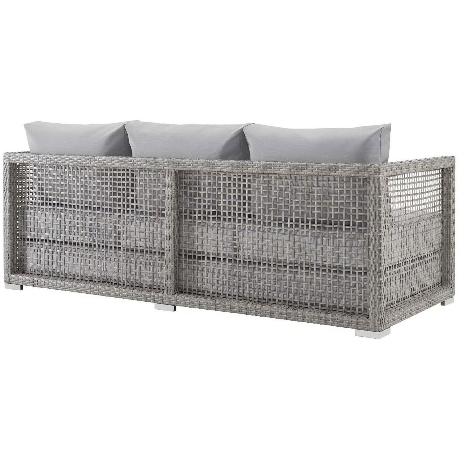 Gray wicker outdoor sofa with full lattice backrest and slim block feet for a light, airy profile || EEI-2923-GRY-GRY || back_angle_studio