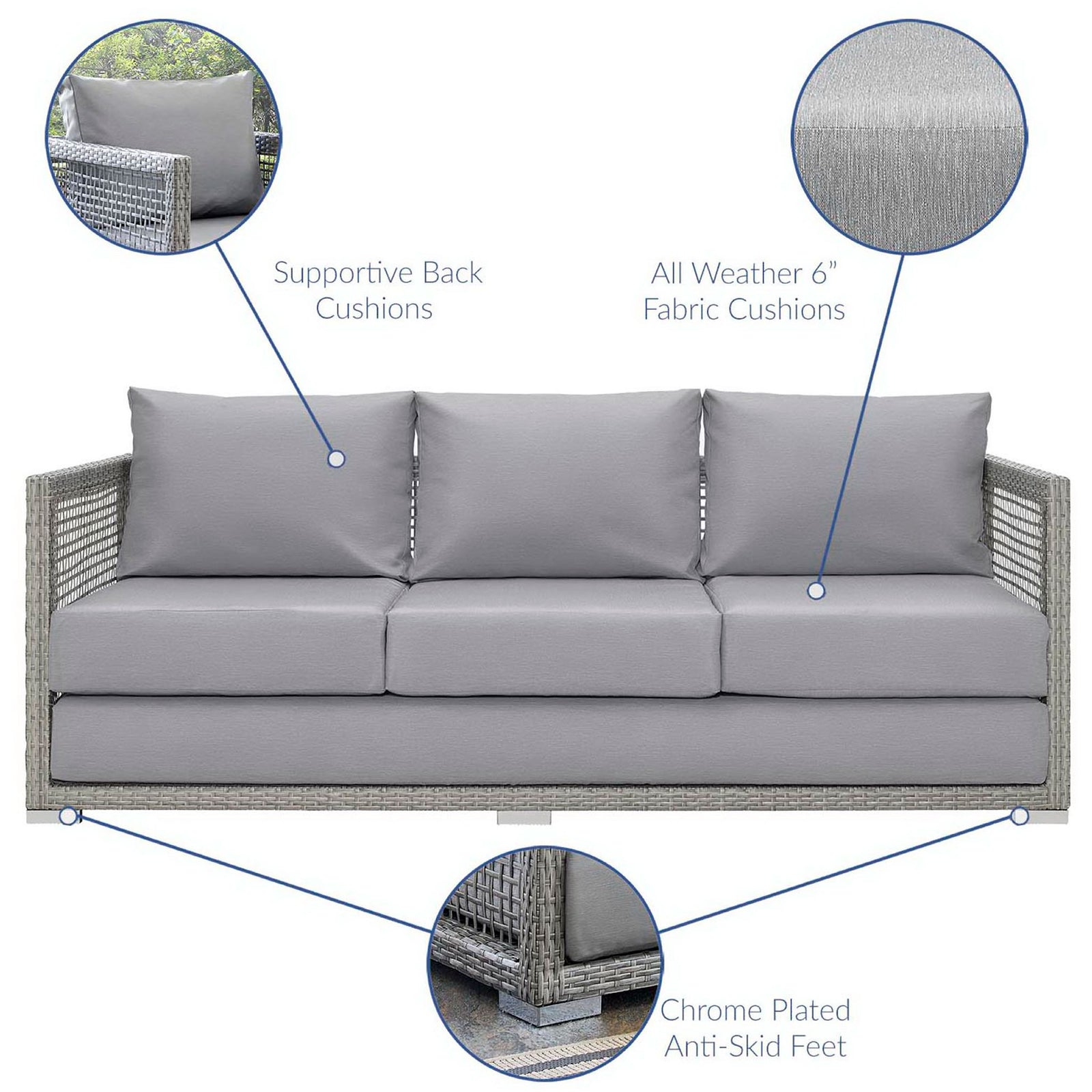 Gray outdoor sofa with labeled supportive back cushions, thick 6 inch seats, and chrome plated anti-skid feet || EEI-2923-GRY-GRY || callout_studio