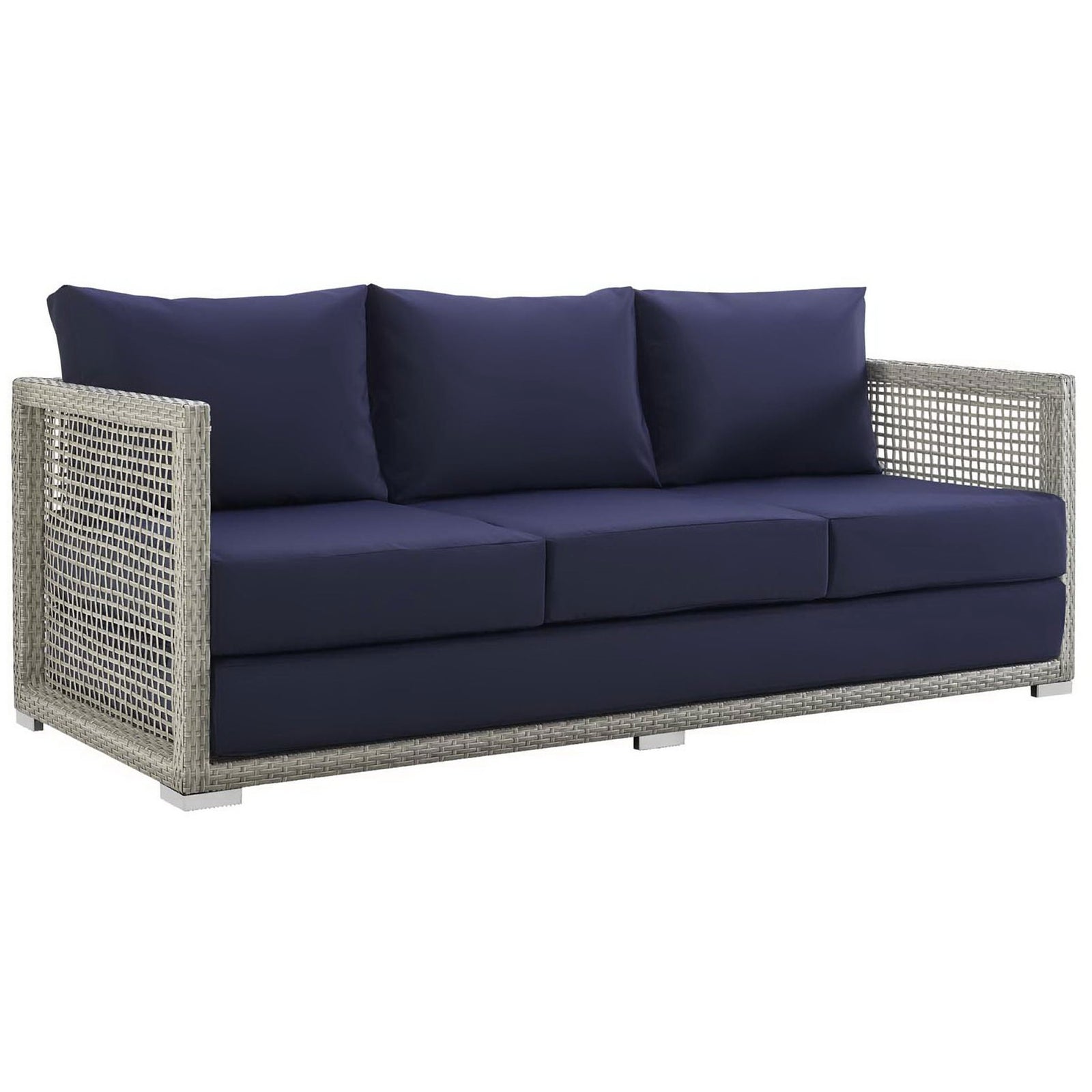 Gray wicker outdoor sofa with deep navy cushions bringing bold contrast to modern patios || EEI-2923-GRY-NAV || front_angle_studio