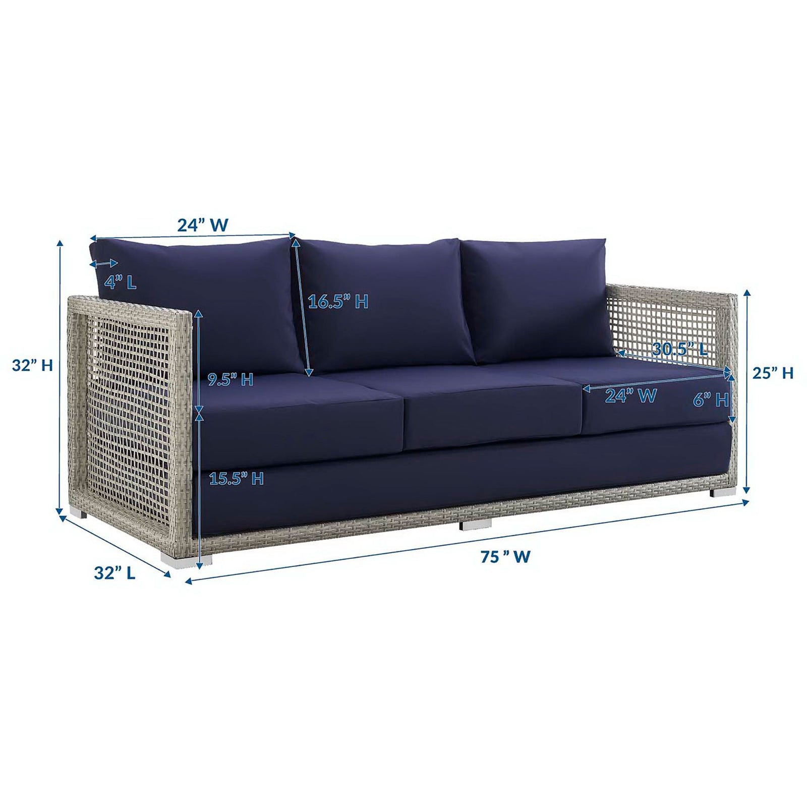 Gray wicker sofa with navy cushions and labeled measurements to simplify patio layout planning || EEI-2923-GRY-NAV || dimension_studio