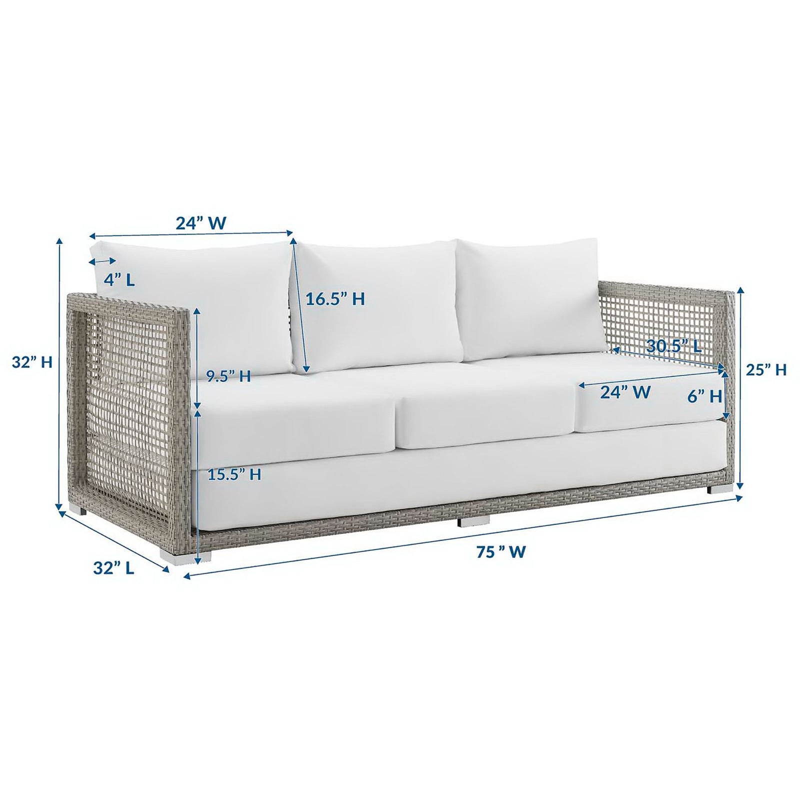 Gray wicker sofa with white cushions and detailed measurements to help plan outdoor seating areas || EEI-2923-GRY-WHI || dimension_studio