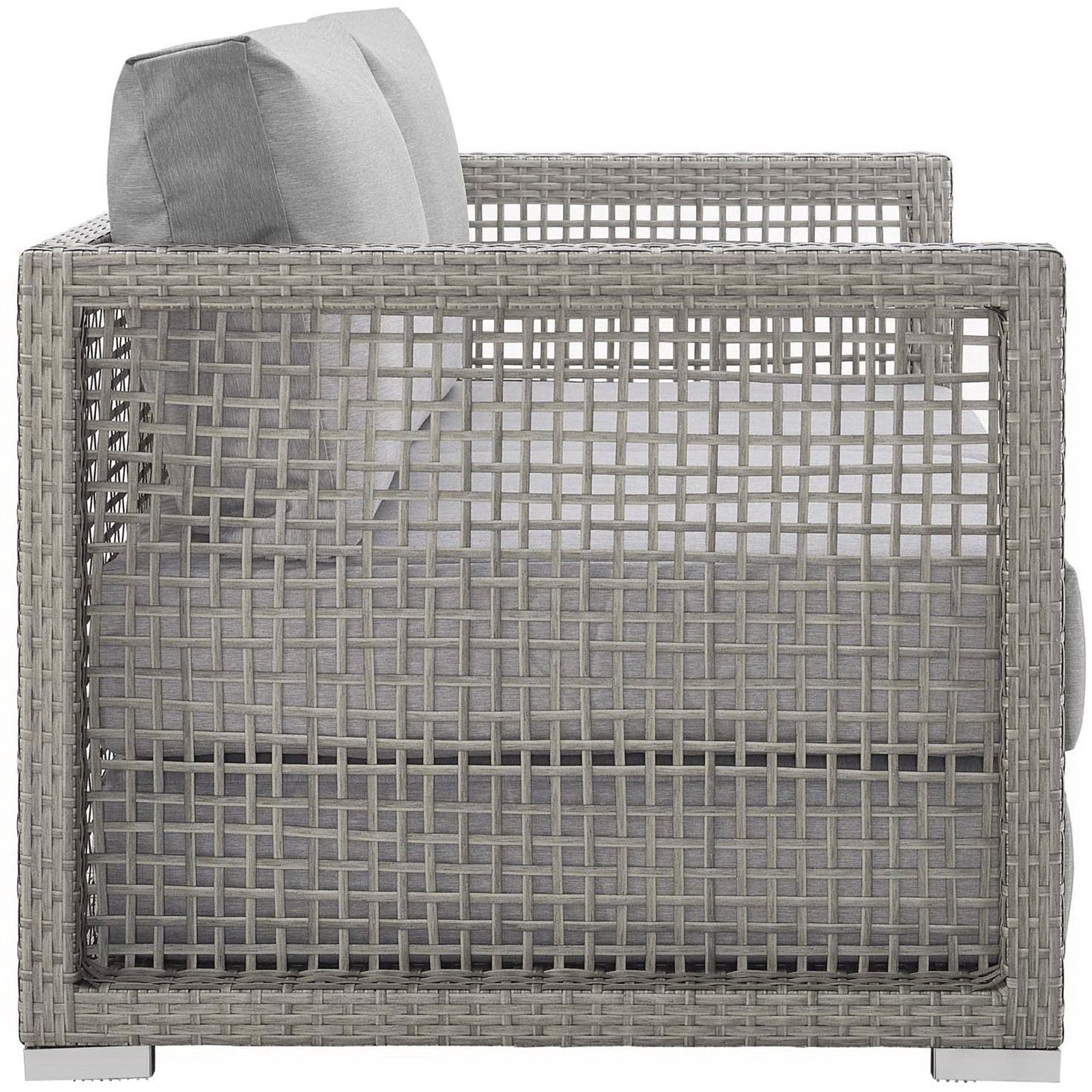 Aura gray wicker loveseat showing open lattice arms and deep seat cushions || EEI-2924-GRY-GRY || side_studio